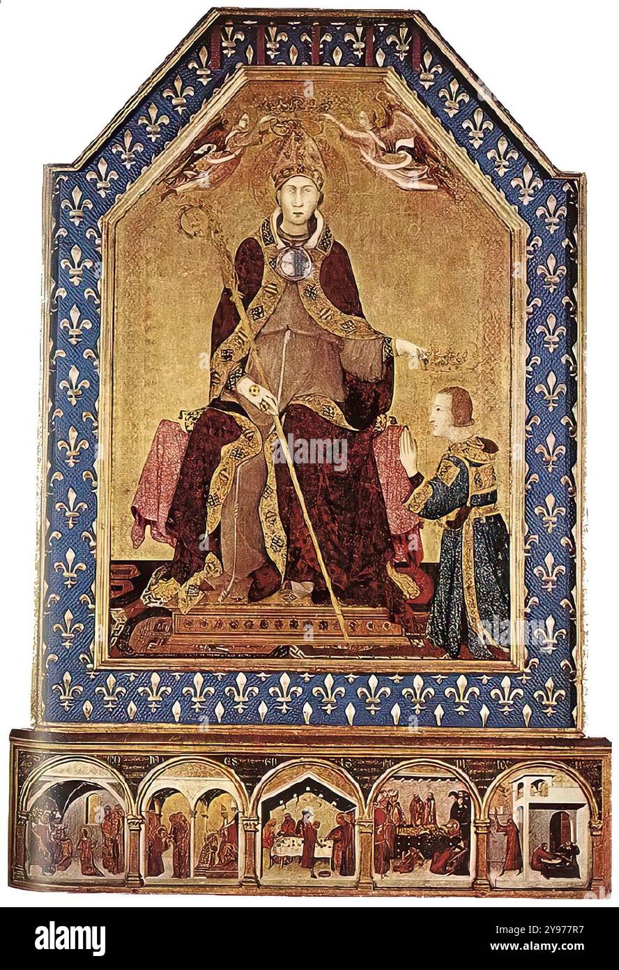 SIMONE MARTINI (* 1280/85, Siena, d. 1344, Avignon) Altar des hl. Ludwig von Toulouse um 1317 Tempera auf Holz, 200 x 138 cm (ohne Predella) Museo Nazionale di Capodimonte, Neapel der Altar wurde für den Angevin, Robert den Weisen, König von Sizilien gemalt. Es stellt den hl. Louis von Toulouse dar, der mit seinem Bruder Robert dem Weisen vor ihm kniete. Der Altar ist für sein Format wichtig. Es besteht aus einer großen oberen Tafel mit dem Bild des heiligen und einer Predella darunter mit fünf kleinen Szenen, die Episoden aus seinem Leben zeigen. Das ist der erste Altar, der überlebt hat Stockfoto