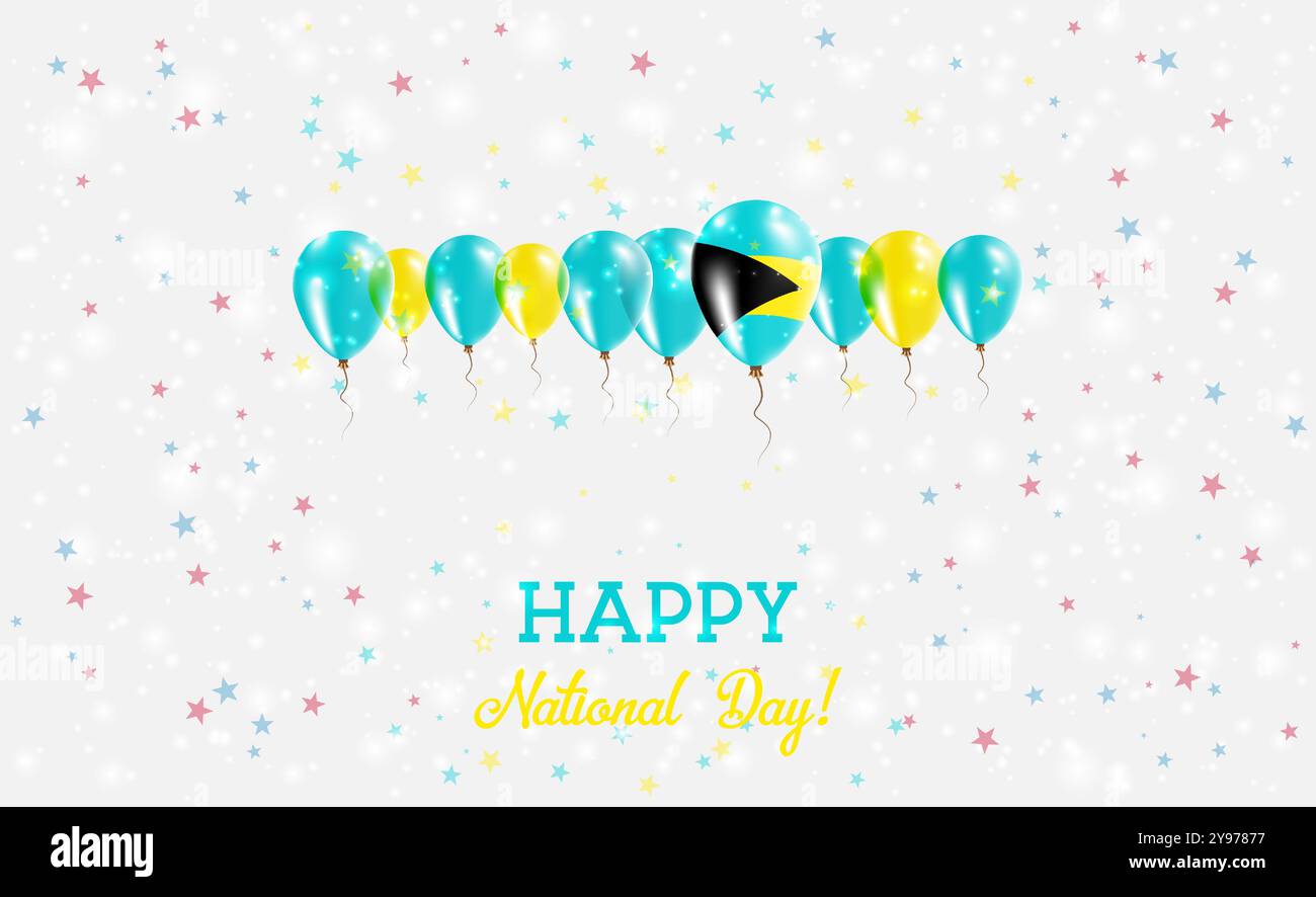 Glitzerndes Patriotisches Poster Zum Unabhängigkeitstag Der Bahamas. Ballonreihe in den Farben der Bahama-Flagge. Grußkarte mit Nationalflaggen, Konfetti und S Stock Vektor