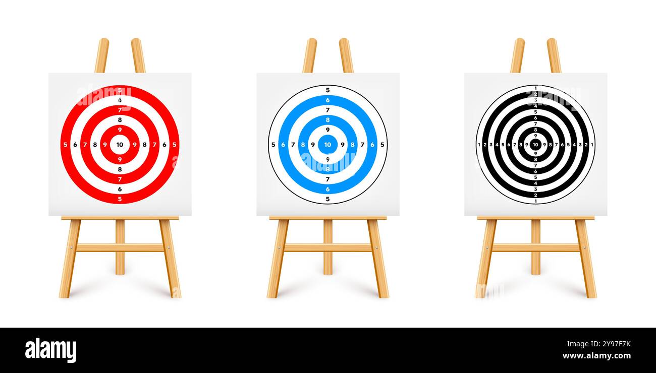 Schießstand auf einem Staffelständer aus Holz. Papierziel mit Unterteilungen, Markierungen und Zahlen. Bogenschießen, Schießen und Training, Sportwettbewerbe Stock Vektor