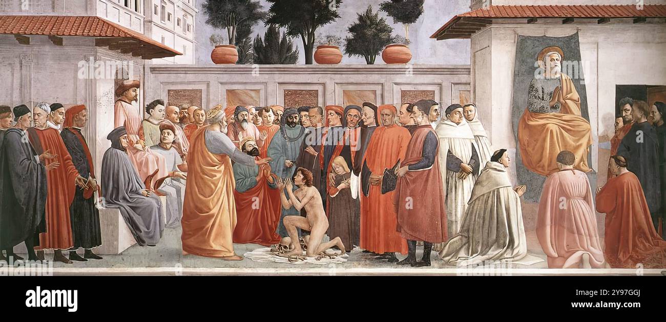 MASACCIO (* 1401, San Giovanni Valdarno, d. 1428, Roma) Erziehung des Sohnes von Theophilus und St. Peter thronte 1426-27 Fresko, 230 x 598 cm Cappella Brancacci, Santa Maria del Carmine, Florenz diese Szene zeigt das Wunder, das Peter nach seiner Entlassung aus dem Gefängnis vollbrachte, dank Paulus's Fürbitte. Nach der Erzählung in der Goldenen Legende wurde Peter, sobald er aus dem Gefängnis kam, in das Grab des Sohnes des Präfekten Theophilus von Antiochia gebracht. Hier erweckte der heilige Peter sofort den jungen Mann wieder, der seit 14 Jahren tot war. Als Folge davon, Theophilus, die gesamte Bevölkerung von Stockfoto