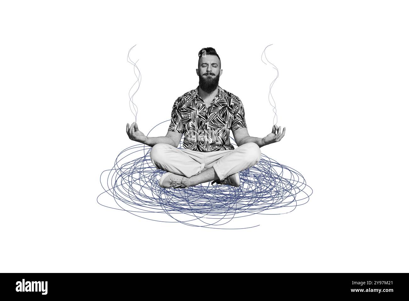 Zusammengesetzte Fotocollage von ernsthaften Menschen do Yoga Retreat buddhismus Meditation spirituelles Hobby Asana üben isoliert auf gemalten Hintergrund Stockfoto