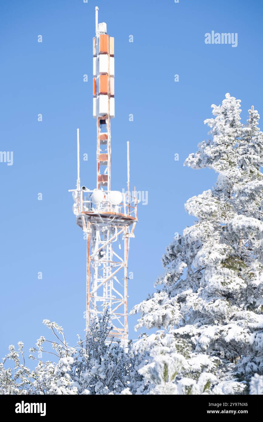 Telekommunikationsturm im Winter mit Frost bedeckt. Stockfoto