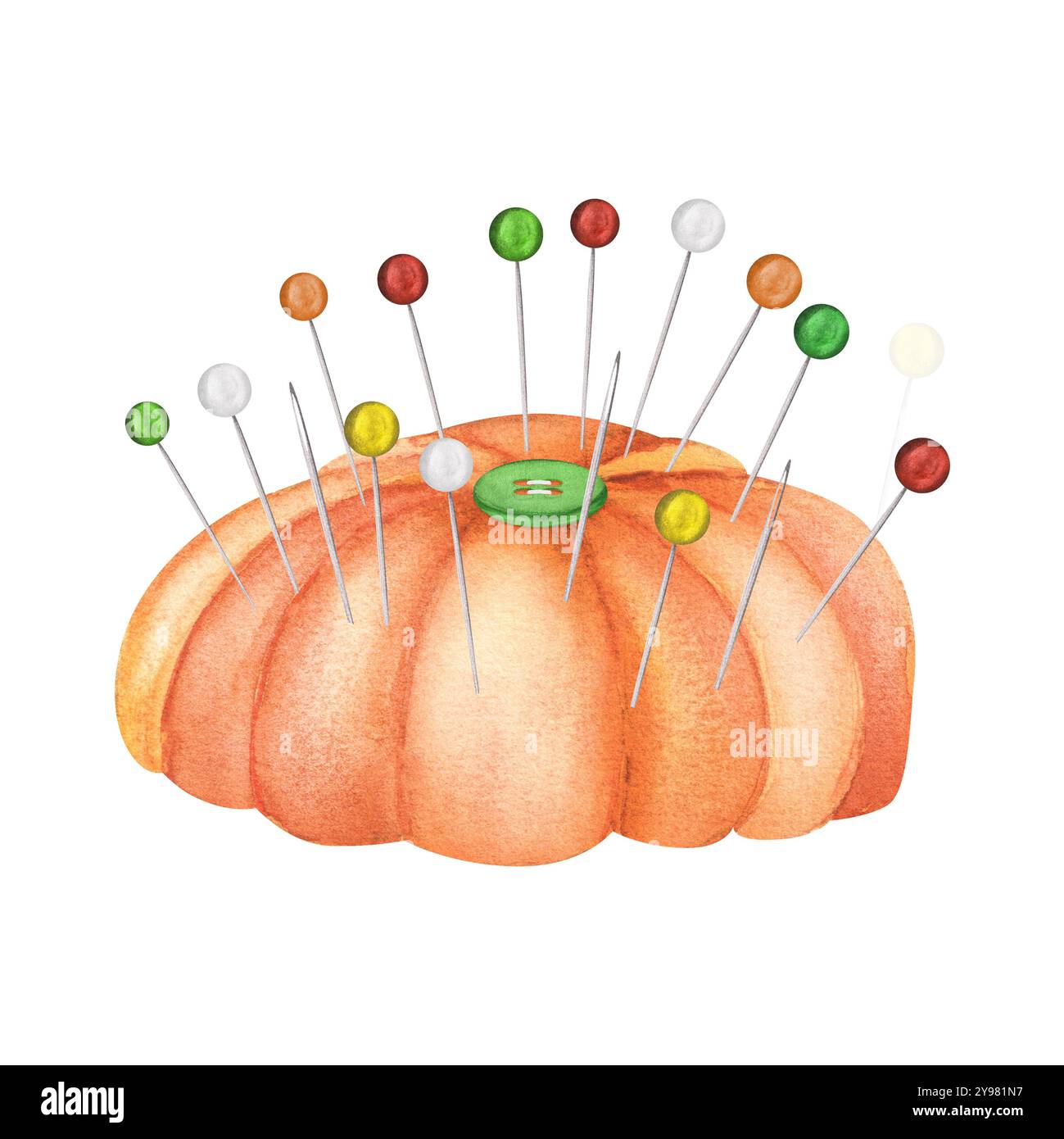 Orangefarbenes Kissen mit metallischen Nadeln und Nadeln. Clipart wird vernäht. Maßgeschneidert. Schneiderei. Handgezeichnete Aquarellillustration. Stockfoto