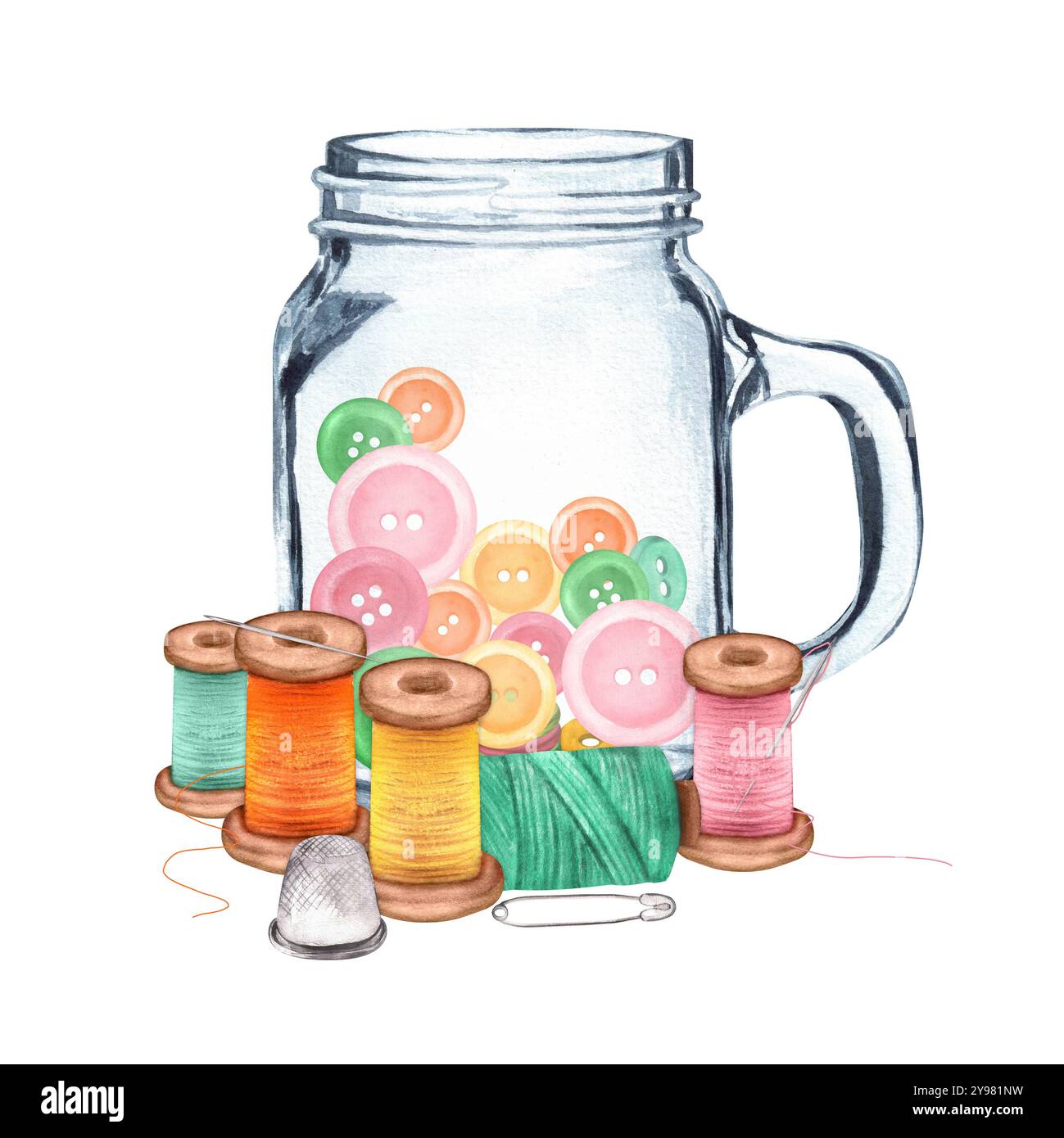 Glasbecher mit bunten Knöpfen, Nähfäden und Fingerhut. Clipart wird vernäht. Schneiderei. Handgezeichnete Aquarellillustration. Stockfoto