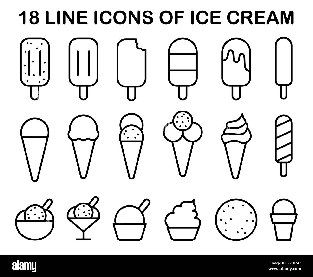 Eissymbole eingestellt. Einfache schwarze und weiße Linien für verschiedene Arten von gefrorenen Milchdesserts. Sommersüß in Waffelkegel, Schüssel oder Eis. Illustration des flachen Vektors Stock Vektor