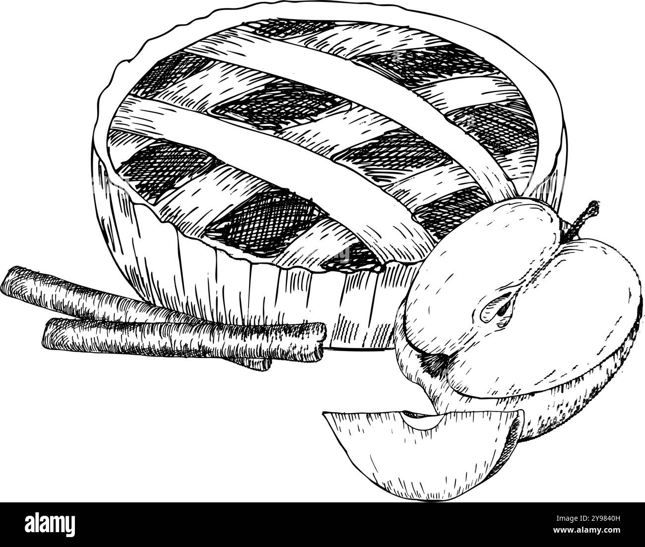 Traditioneller Apfelkuchen mit Zimtstäbchen und Apfelscheiben Tintengrafiken. Herbst gebackener Kuchen, gravieren Lebensmittel Illustration für Produktverpackung, Bäckerei Stock Vektor