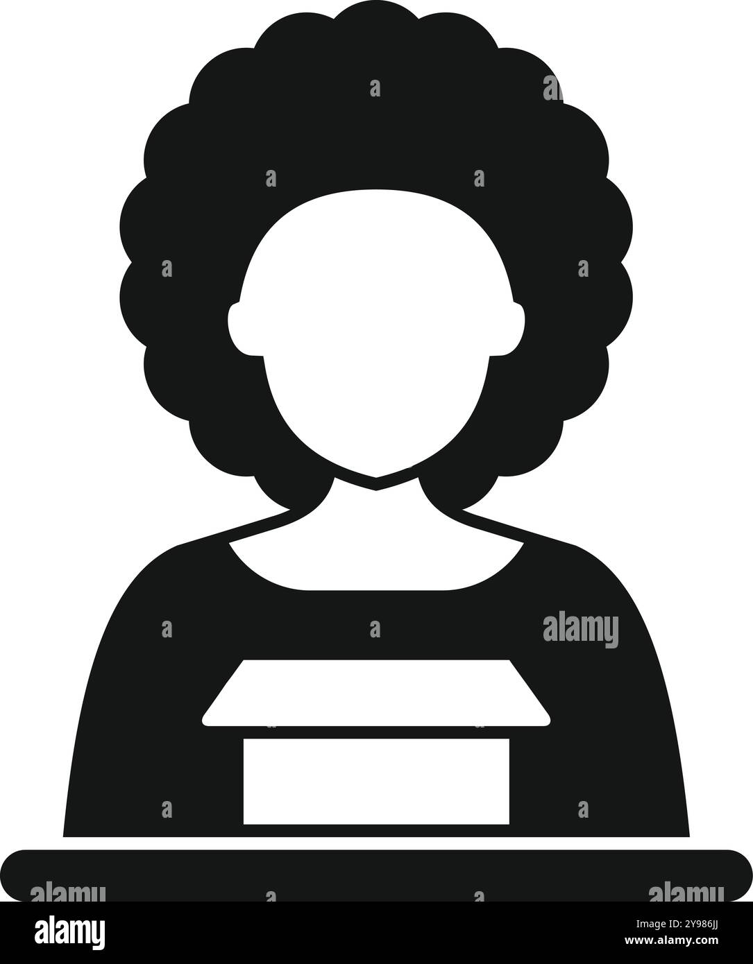 Schwarz-weiße Vektor-Ikone einer Frau, die einen Karton hinter einer Theke hält Stock Vektor