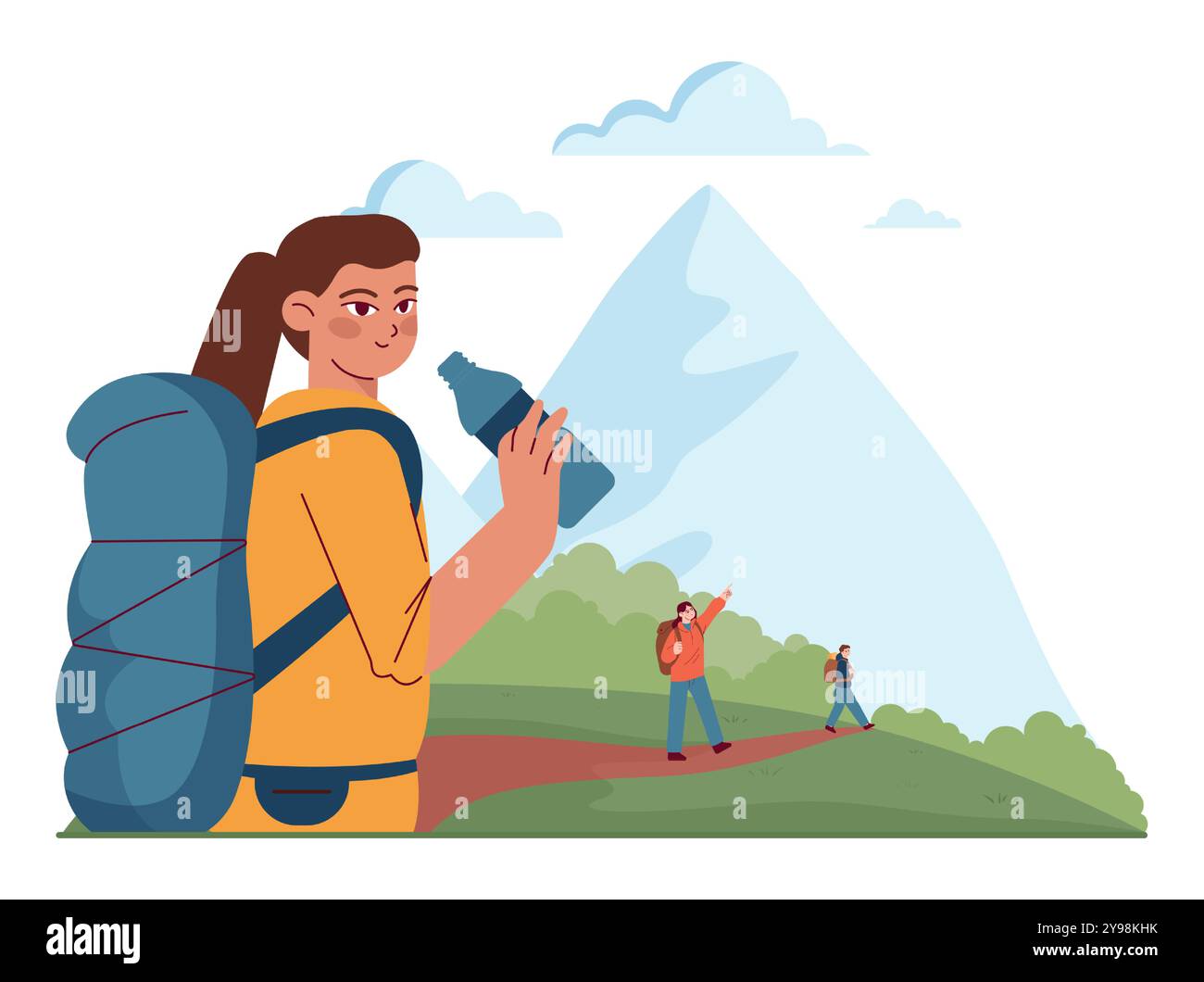 Camping und Wandern im Freien. Charaktere mit Rucksäcken, die Zeit in der Natur verbringen. Freunde, die gemeinsam im Freien unterwegs sind. Sommerabenteuer in den Wäldern und Bergen. Illustration des flachen Vektors Stock Vektor