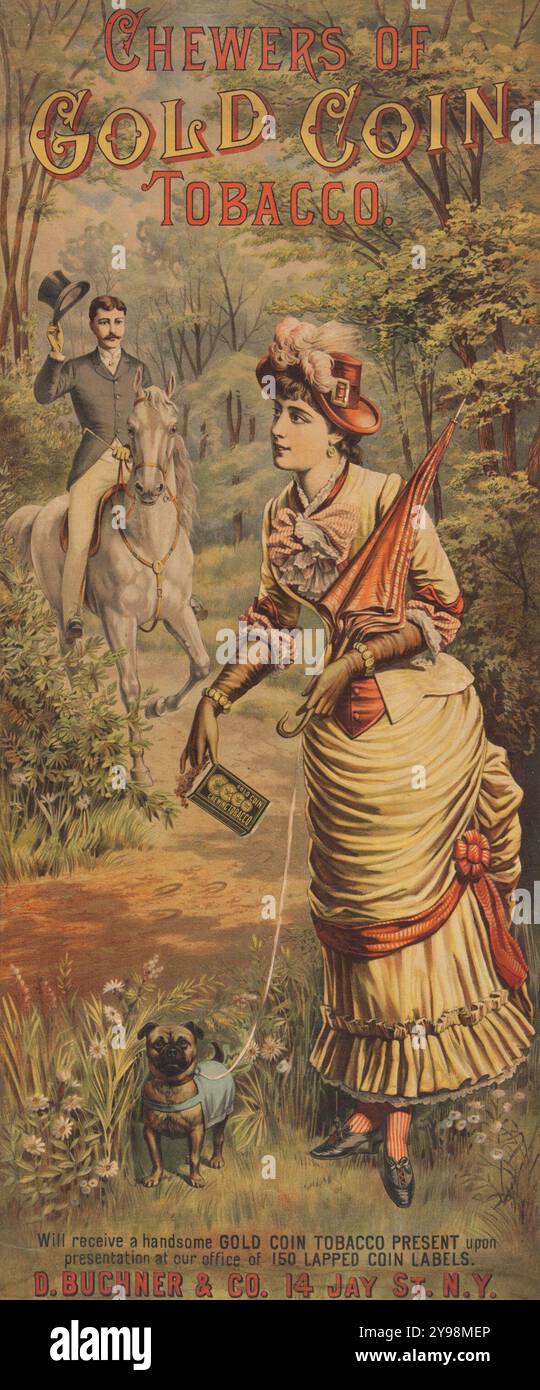 Vintage-Werbeplakat - Goldmünze Kautabak - Frau mit Hund und Gentleman auf einem Pferd, um 1885 Stockfoto