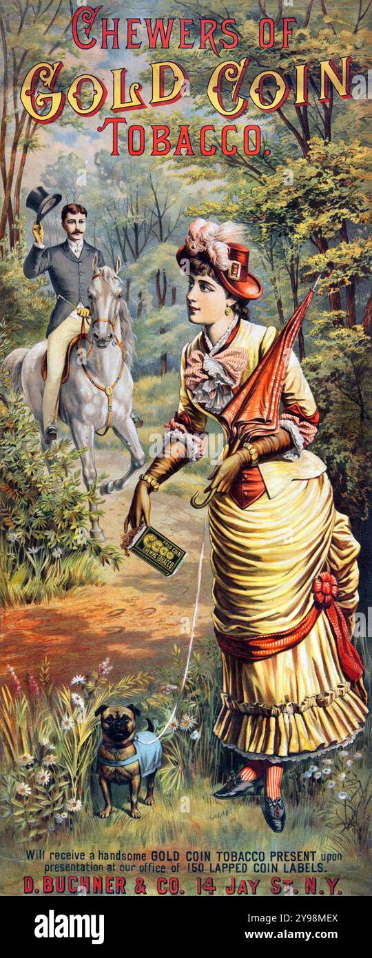 Vintage-Werbeplakat - Goldmünze Kautabak - angepasste Farben - Frau mit Hund und Gentleman auf einem Pferd, um 1885 Stockfoto