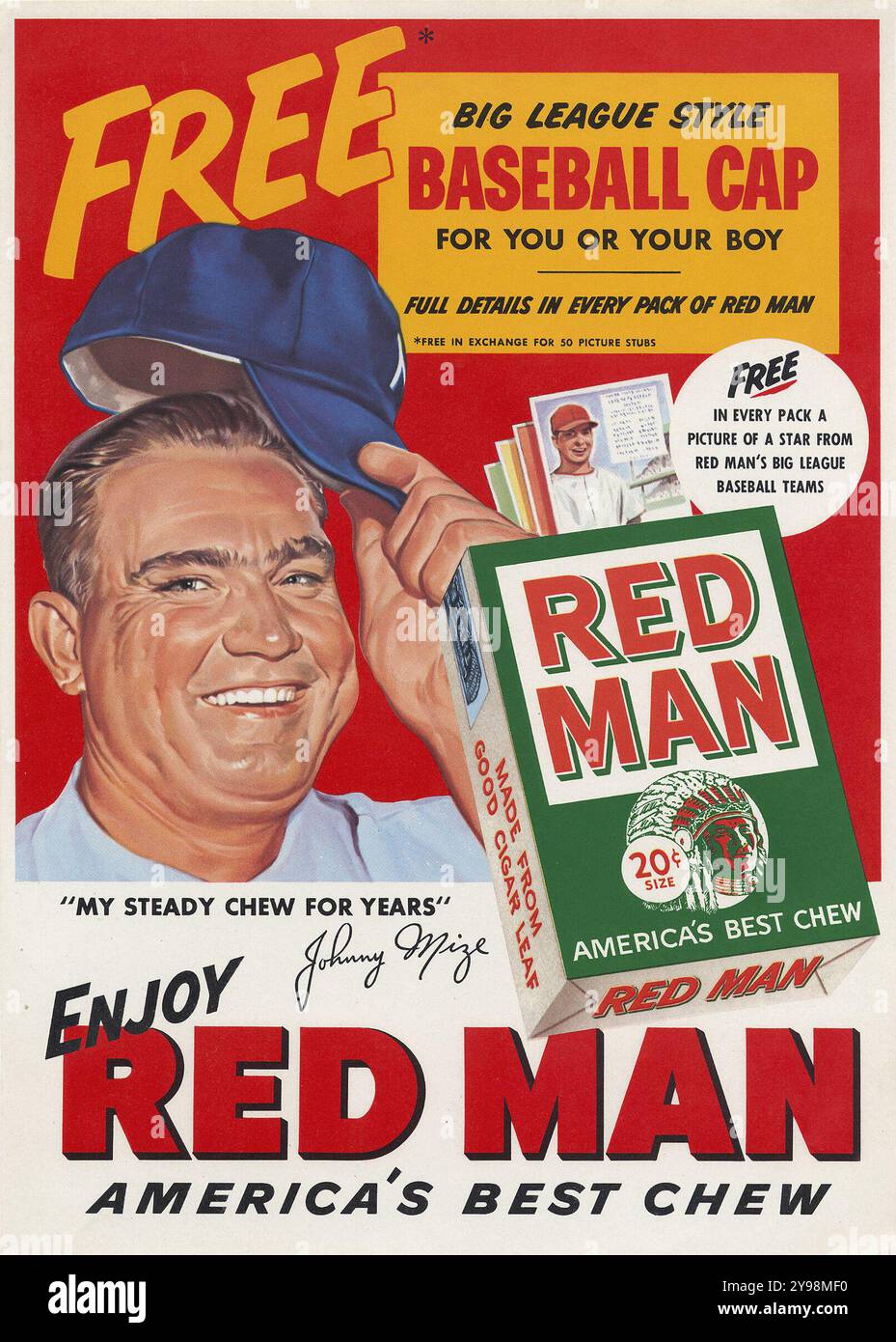 Vintage-Werbung 1954 RED MAN Chew Tobacco, Werbetoster feat Baseballspieler Johnny Mize - America's Best Chew Stockfoto