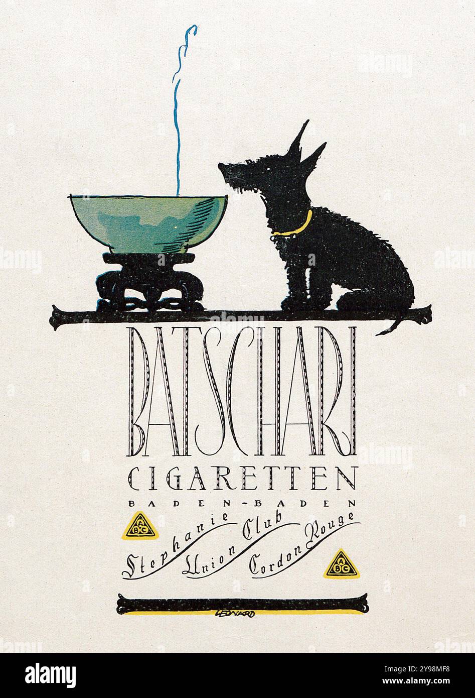 Tabakwerbung feat a Dog - Robert L. Leonard Artwork - Batschari Cigaretten, Baden-Baden, 1924 Stockfoto