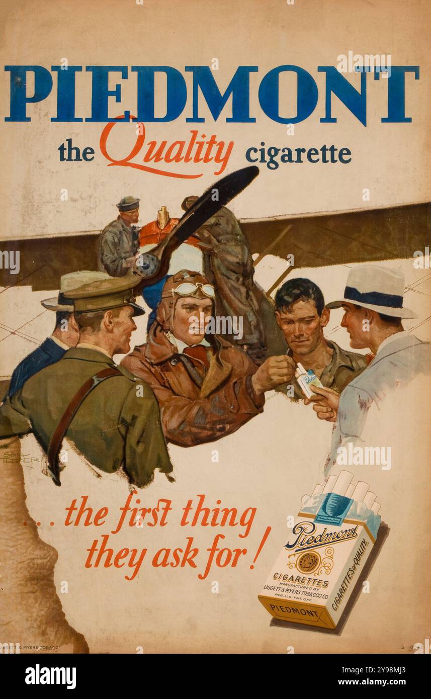 Kunstwerk von Saul Tepper (amerikanisch, 1899–1987). „Das erste, wonach sie fragen“ – Vintage-Werbung für Piemont-Zigarettenwerbung Stockfoto