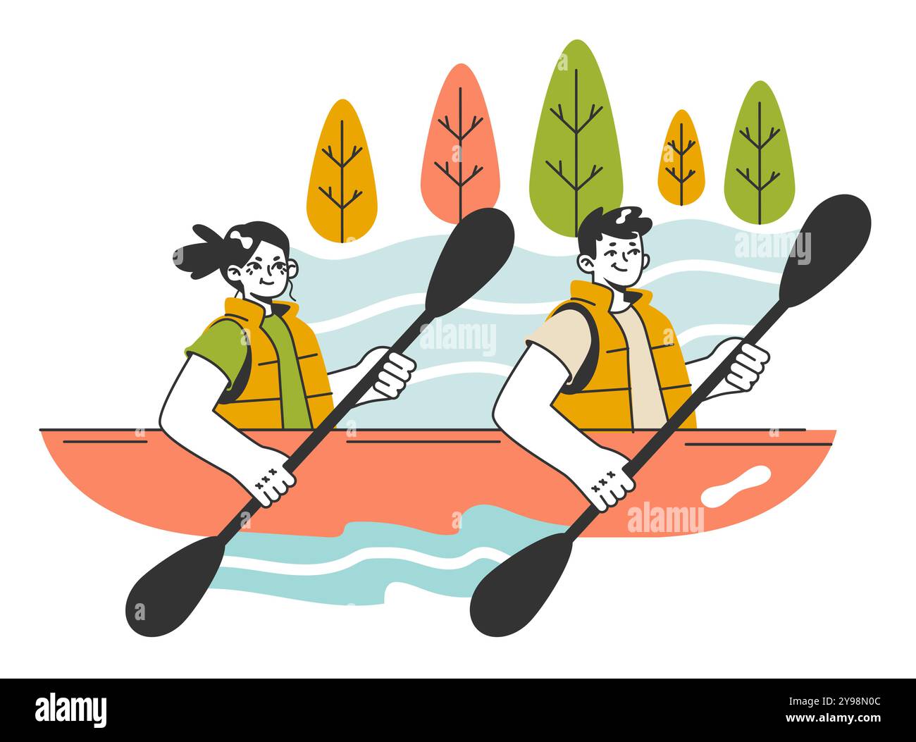 Leute, die mit Paddeln im Kajak oder Kanu rudern. Charaktere tragen Schwimmwesten beim Rafting im Fluss. Extreme Wasseraktivität. Sommerferien im ländlichen Raum. Illustration des flachen Vektors Stock Vektor