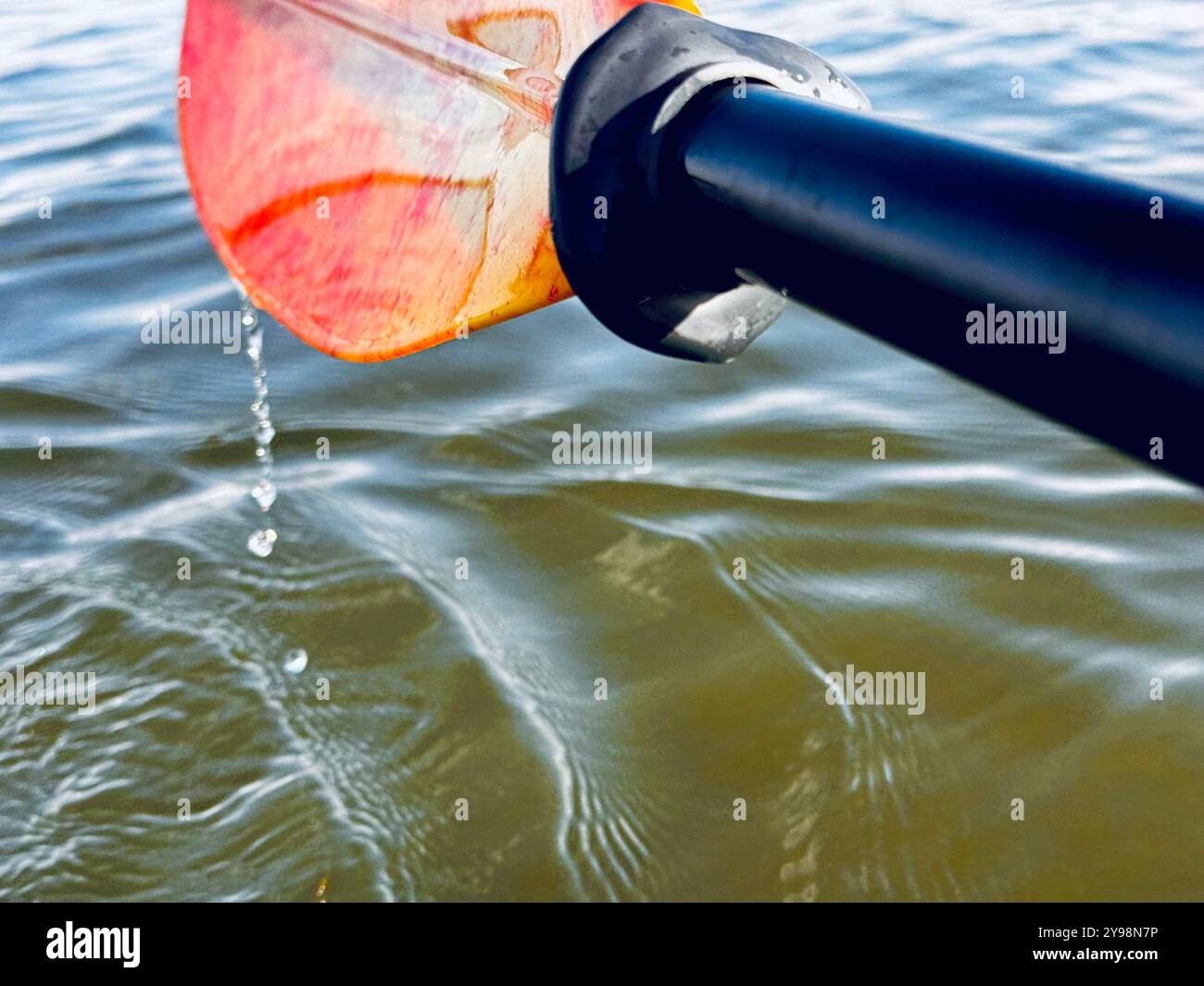 Kajakpaddeln Sie mit Wassertropfen aus dem Wasser Stockfoto