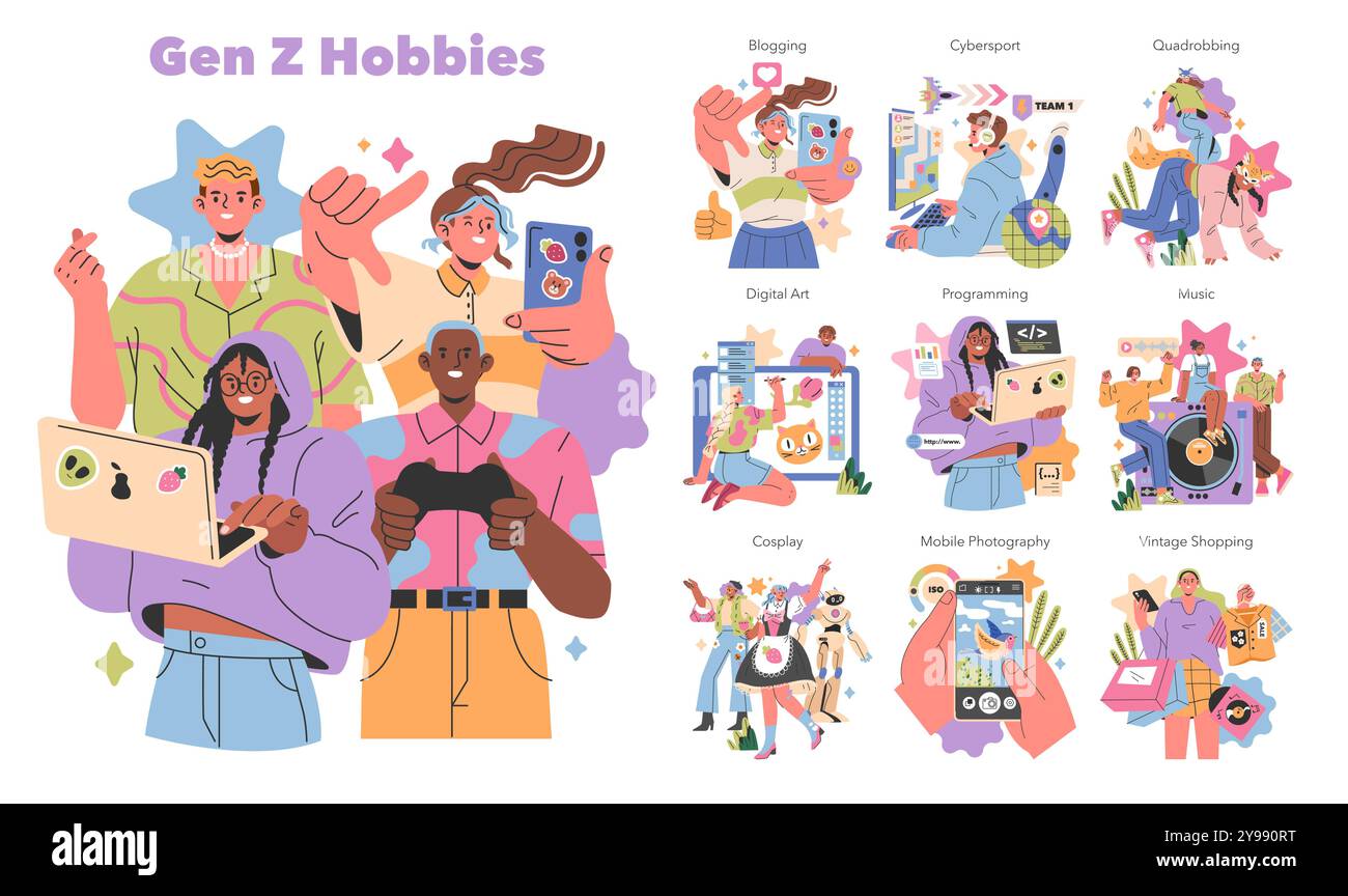 Gen Z Hobbys-Konzept. Illustration für verschiedene junge Erwachsene, die beliebte Aktivitäten wie Gaming und Bloggen ausführen. Dynamische Darstellung der Zeitpunkte der aktuellen Generierung. Vektorabbildung. Stock Vektor