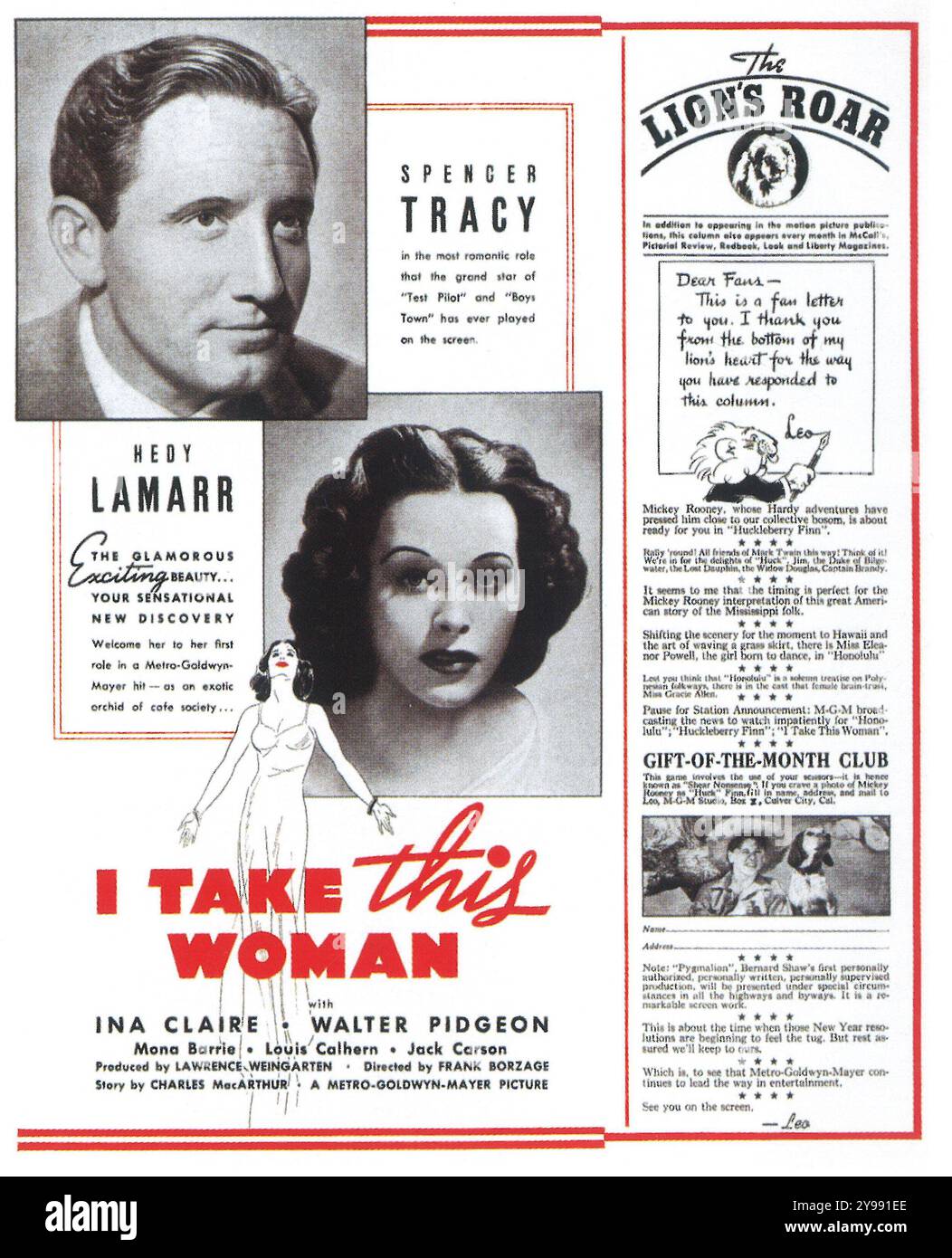 1939 I Take This Woman Filmplakat - ein US-amerikanisches Drama von W. S. Van Dyke aus dem Jahr 1940 mit Spencer Tracy und Hedy Lamarr. MGM Stockfoto