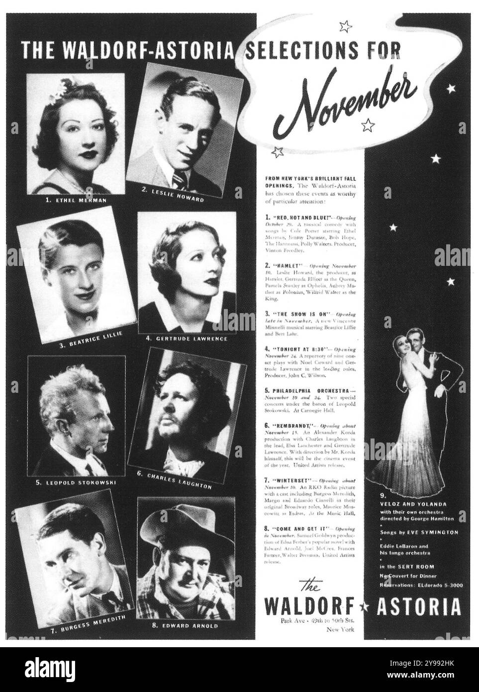 1936 The Waldorf Astoria November Events Selections Promo - Ethel Merman; Leslie Howard, Beatrice Lillie, Gertrude Lawrence Stockfoto