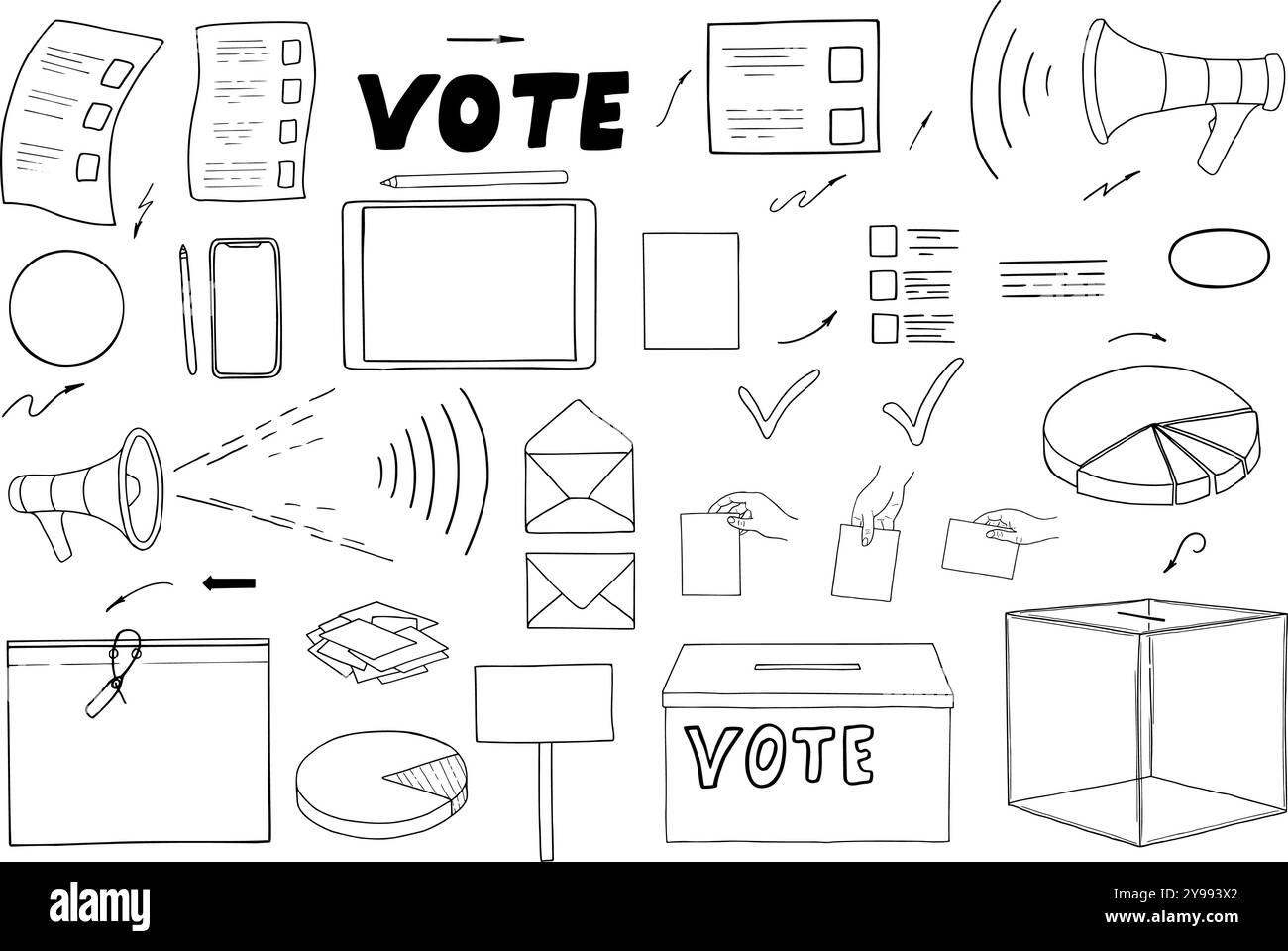 Auswahllinie Symbole Vektor isolierte Illustrationen ClipArt gemalt mit schwarzen Tinten. Stimmzettel, Bulletin, Lautsprecher, Umschlag, Schaltplan, Briefsatz Stock Vektor