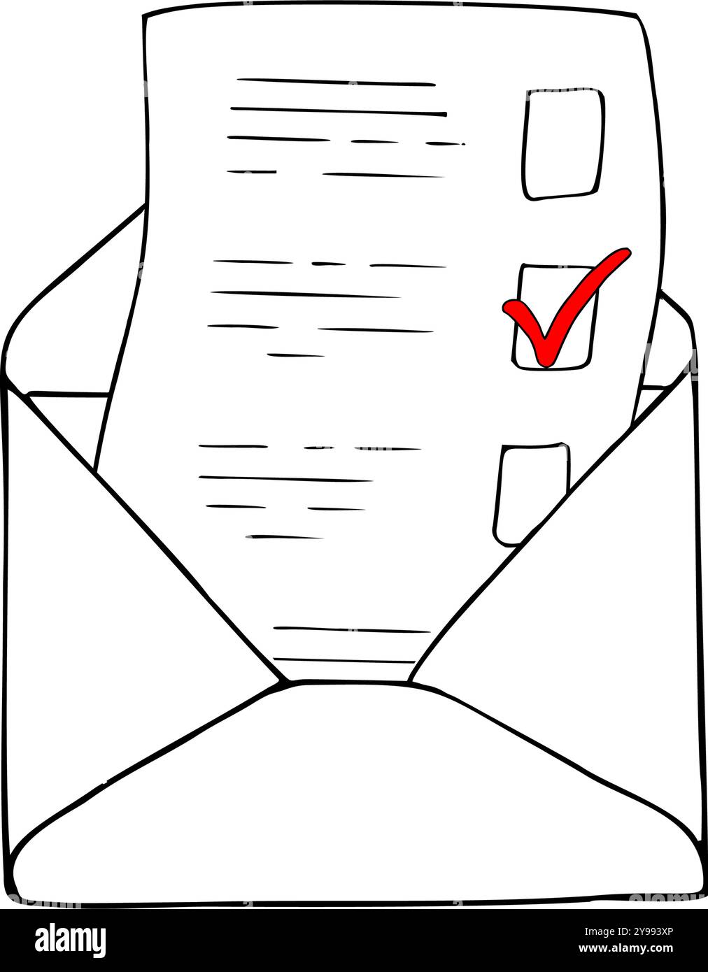 Buchstabe mit rotem Häkchen in geöffnetem Umschlag Vektor-Symbol Strichgrafik schwarze Tinte Skizze. Einfarbiges Schild, Umrisssymbol für die Illustration des Wahltages Stock Vektor