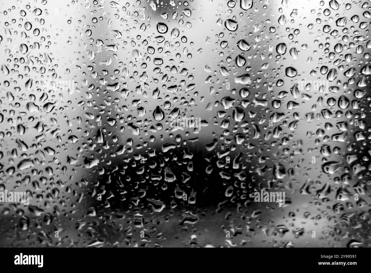 Nahaufnahme von Wassertropfen auf Glas in Schwarz-weiß-Regen-Melancholie Stockfoto