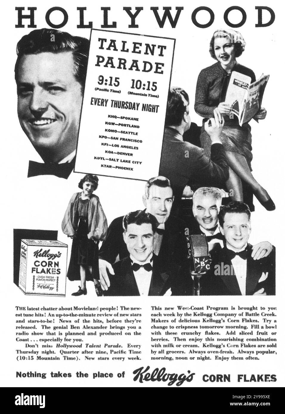1936 Hollywood Talent Parade Promo - gesponsert von Kellogg's Cornflakes Stockfoto