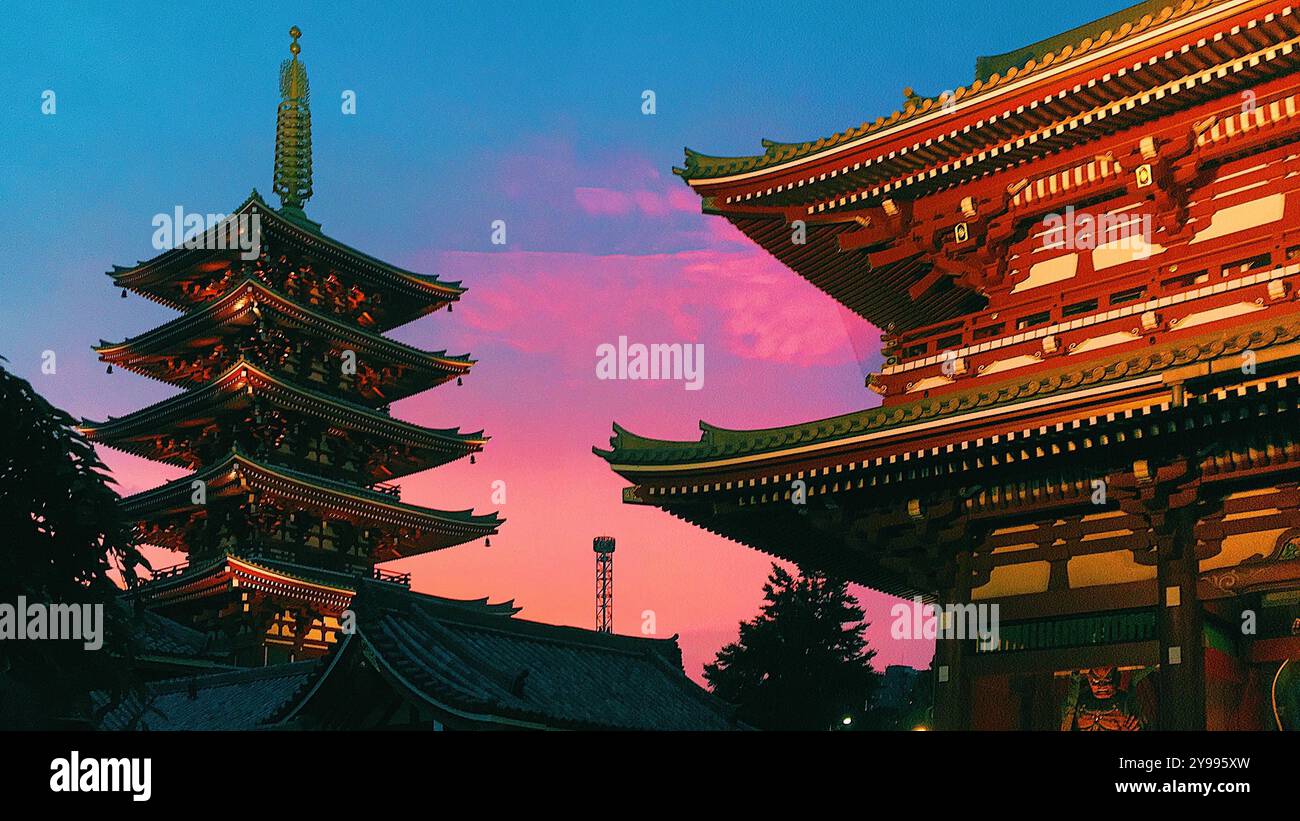 Sensoji-Tempel in Tokio: Tokios ältester Tempel, bekannt für seine berühmten roten Tore, die traditionelle Pagode und die belebten Marktstraßen. Stockfoto