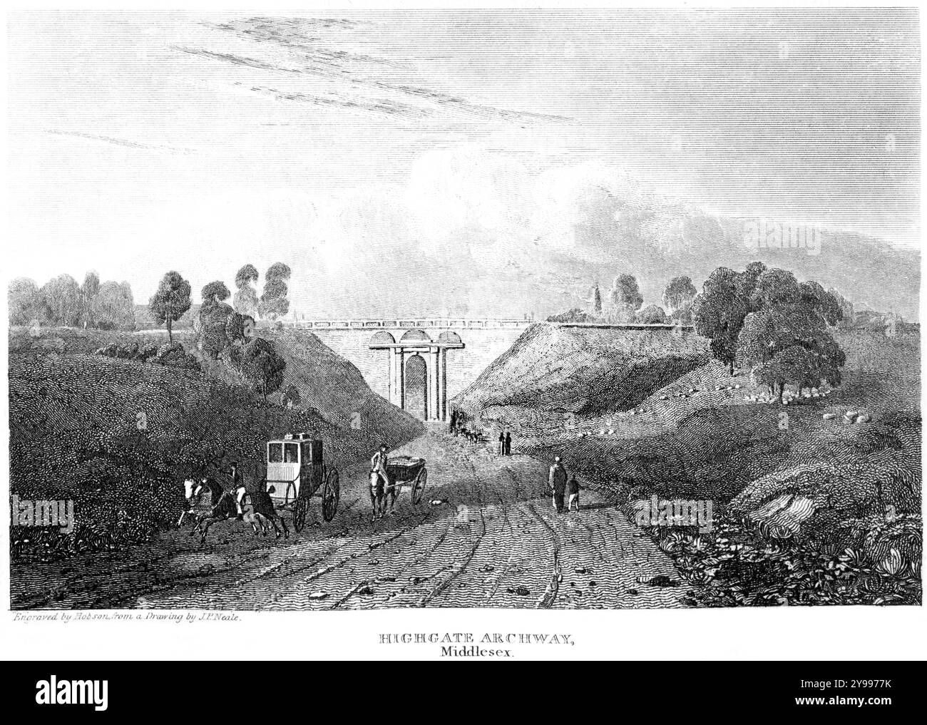 Eine Gravur von Highgate Archway, Middlesex UK, die in hoher Auflösung aus einem Buch gescannt wurde, das um 1815 veröffentlicht wurde. Urheberrechtlich geschützt. Stockfoto