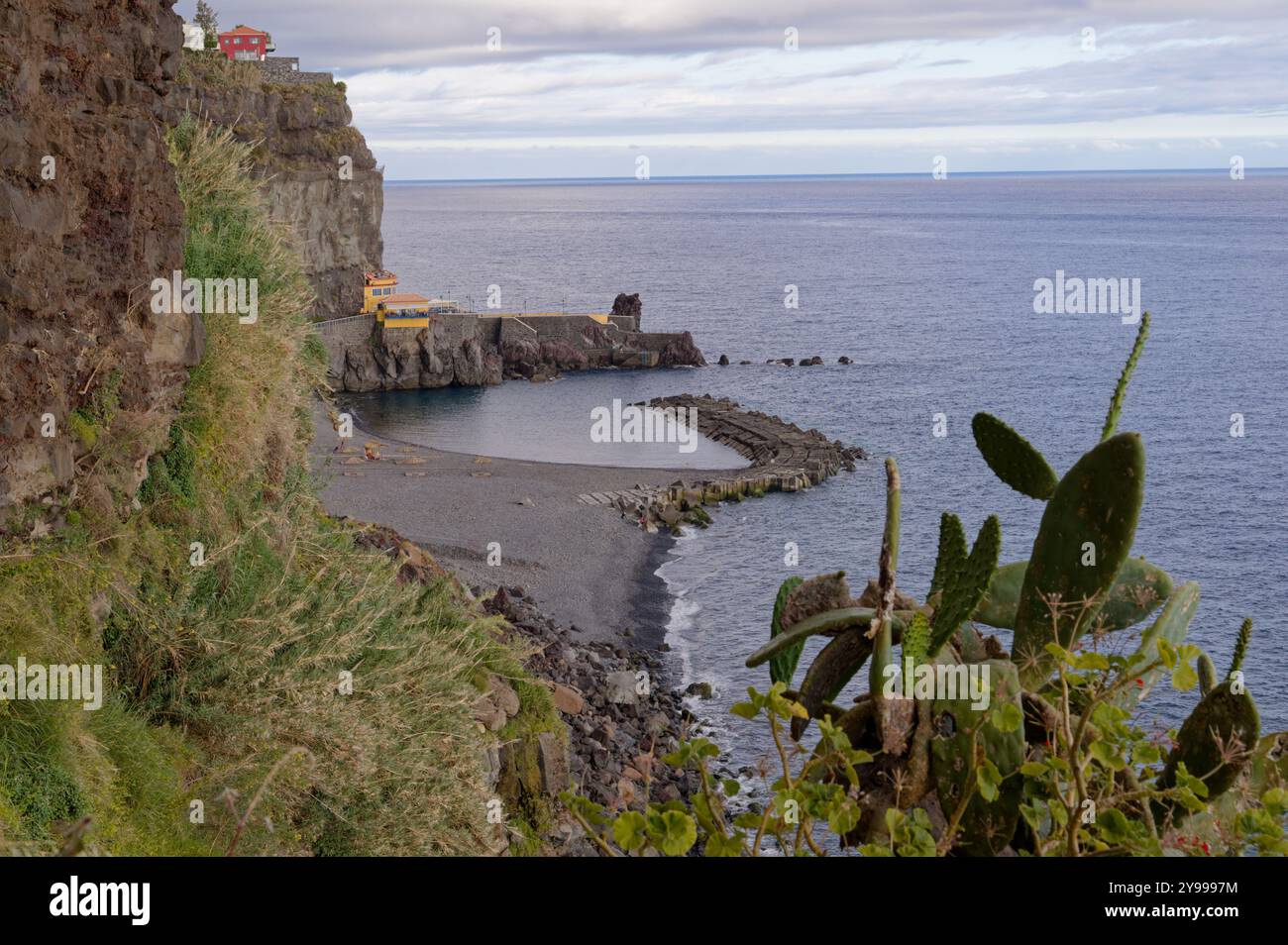 Zerklüftete Klippen und Kaktuspflanzen mit Blick auf eine Bucht und den ruhigen atlantik auf Madeira Stockfoto