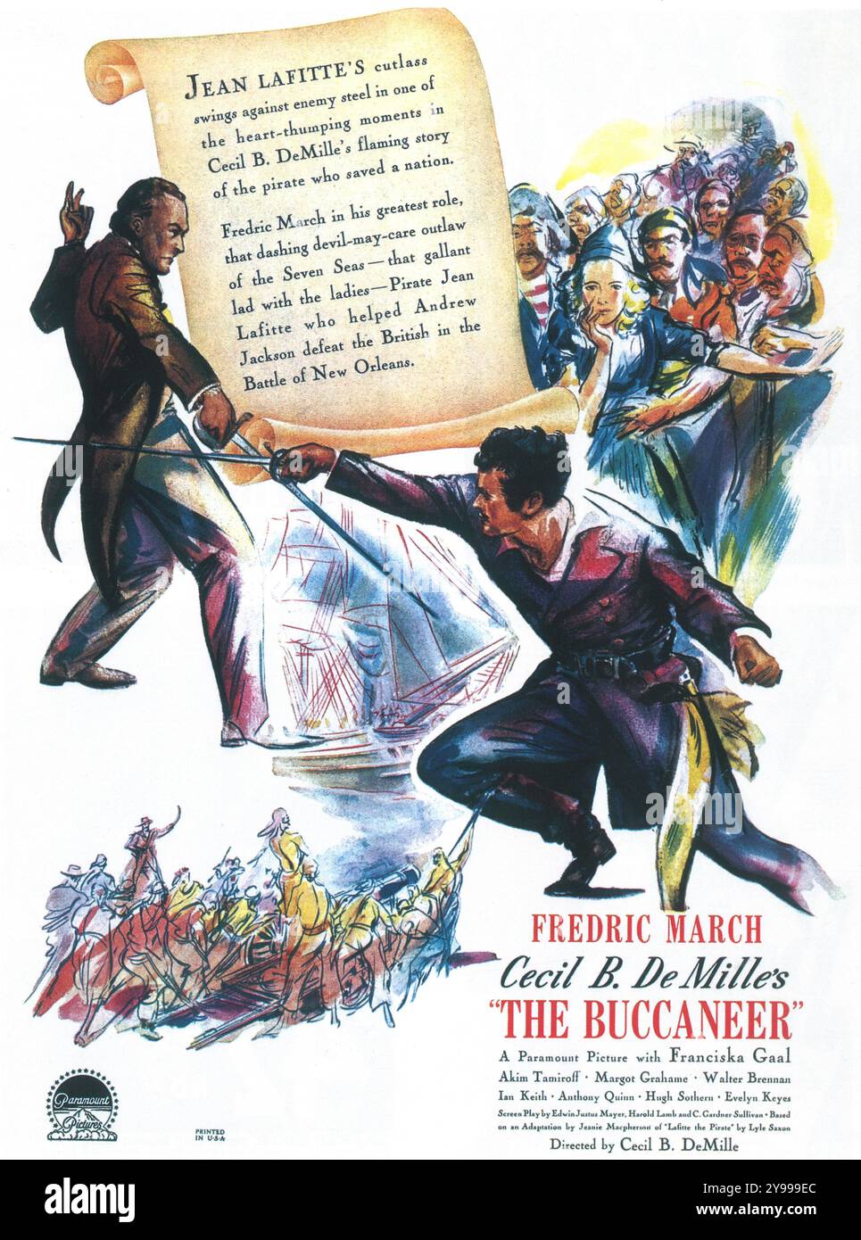 1938 das Poster des Buccaneer-Films. Paramount Pictures Film mit Fredric March, basierend auf Jean Lafitte und der Schlacht von New Orleans Stockfoto