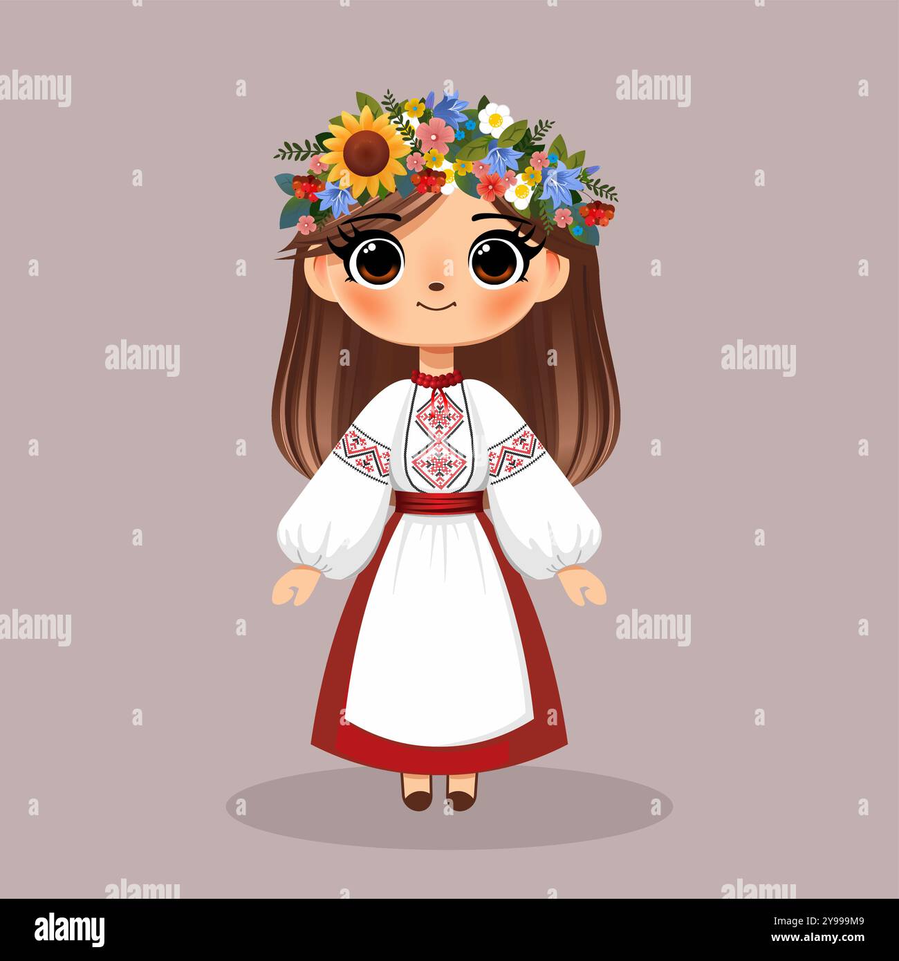 Niedliches ukrainisches Mädchen in traditioneller Tracht mit Blumenkranz und besticktem Hemd Stock Vektor