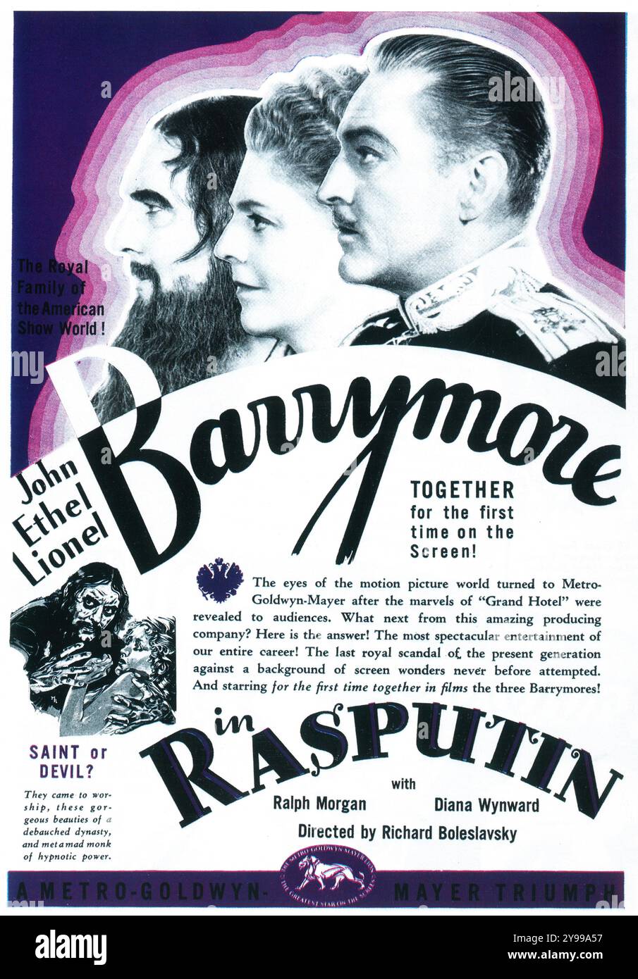 1932 MGM's Filmposter Rasputin und die Kaiserin. Regie führte Richard Boleslawski. Mit John Barrymore, Ethel Barrymore, Lionel Barrymore Stockfoto