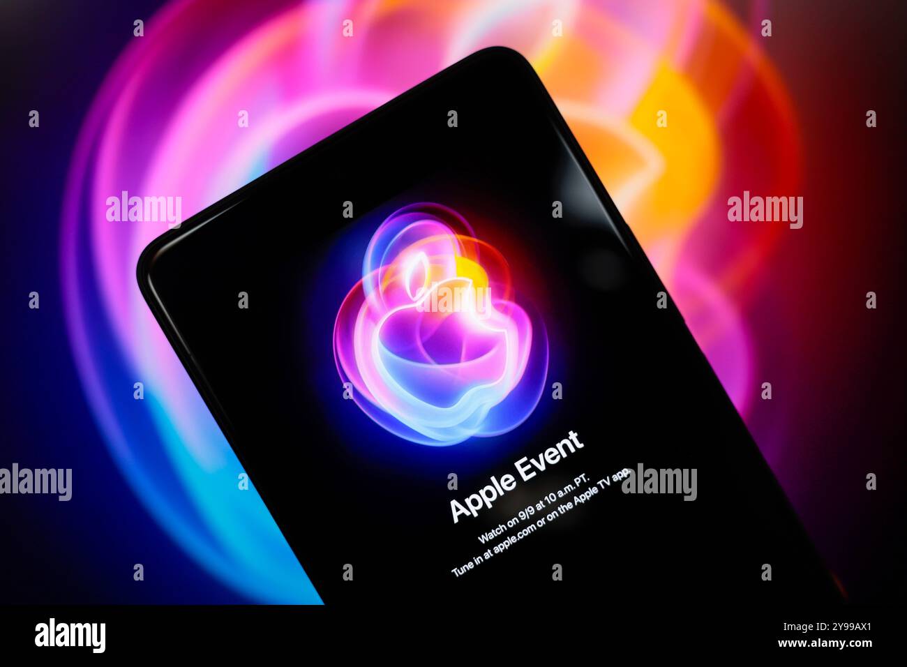 September 2024, Paraguay. In dieser Fotoabbildung werden Informationen über das bevorstehende Apple Event auf einem Smartphone-Bildschirm angezeigt. Das jährliche Apple Stockfoto
