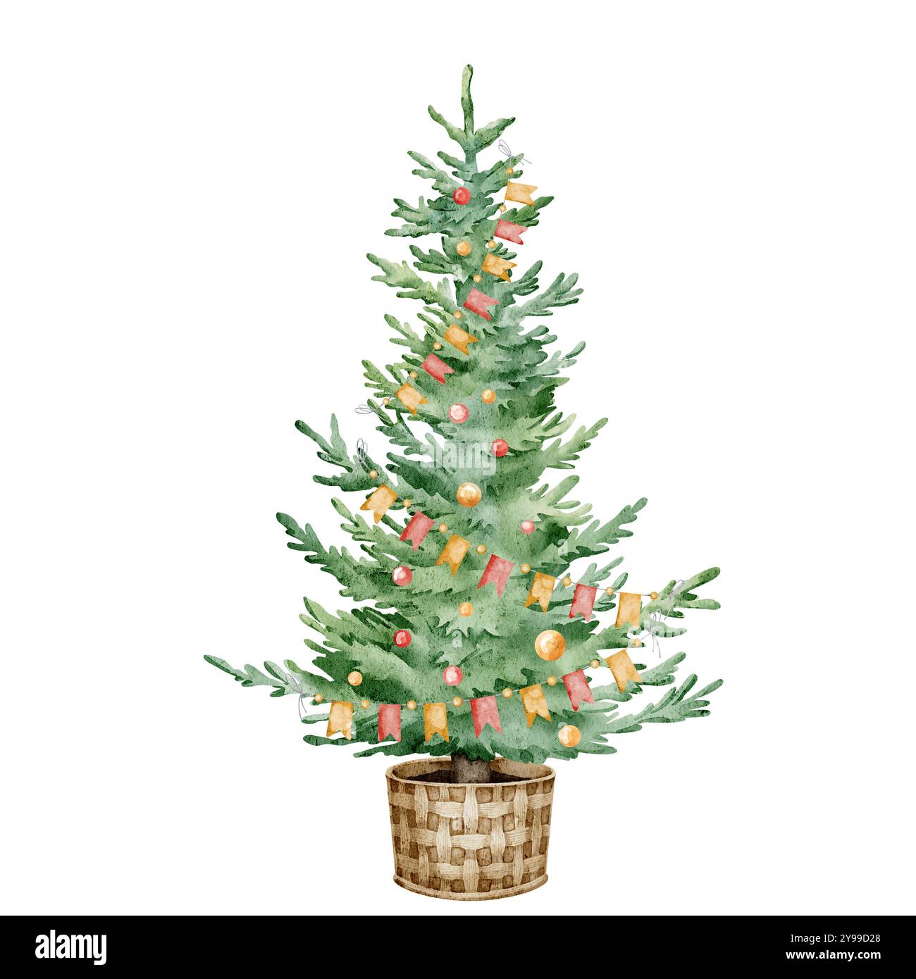 Aquarellweihnachtsbaum mit Girlanden und Lichtern in einem Korb. Handgezeichnete Illustration für Weihnachtsgrußkarten und Neujahrseinladungen auf isoliertem Hintergrund. Zeichnung einer immergrünen Tanne Stockfoto