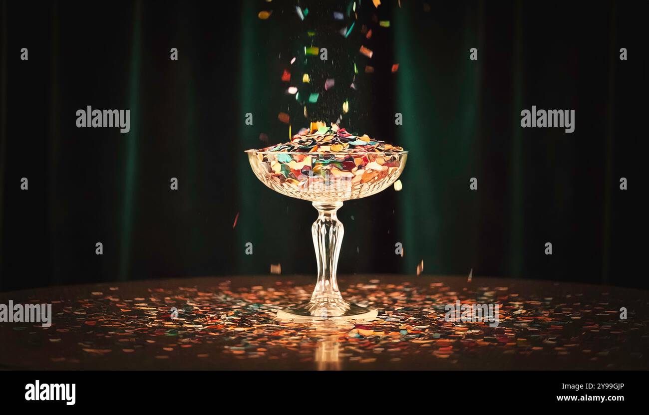 Buntes Konfetti, das in ein Vintage Kristallglas fällt Champagner Untertasse Glas auf dunkelgrünem Samthintergrund, feiert festliche, luxuriöse, Party, wir Stockfoto