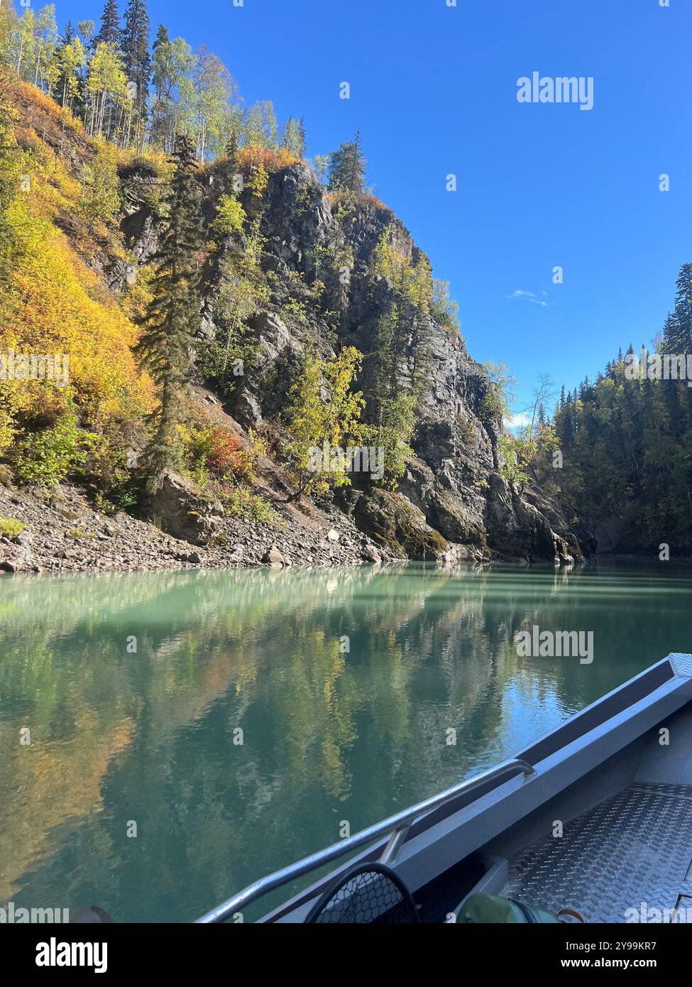 Ruhige Aussicht auf den Bulkley River in British Columbia, Kanada, umgeben von Herbstlaub und felsigen Klippen, von einem Boot unter klarem blauen Himmel - Smartphone-aufgenommenes Stockfoto