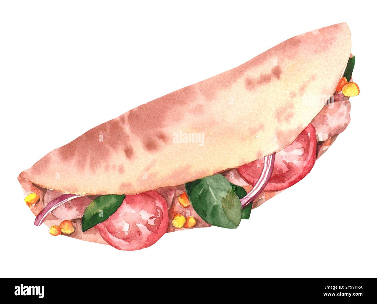 Aquarell frisch zubereitetes Pita-Brot mit hellem Gemüse und Kräutern auf weißem Hintergrund. Taco Illustration mit Mais und Tomaten für M Stockfoto