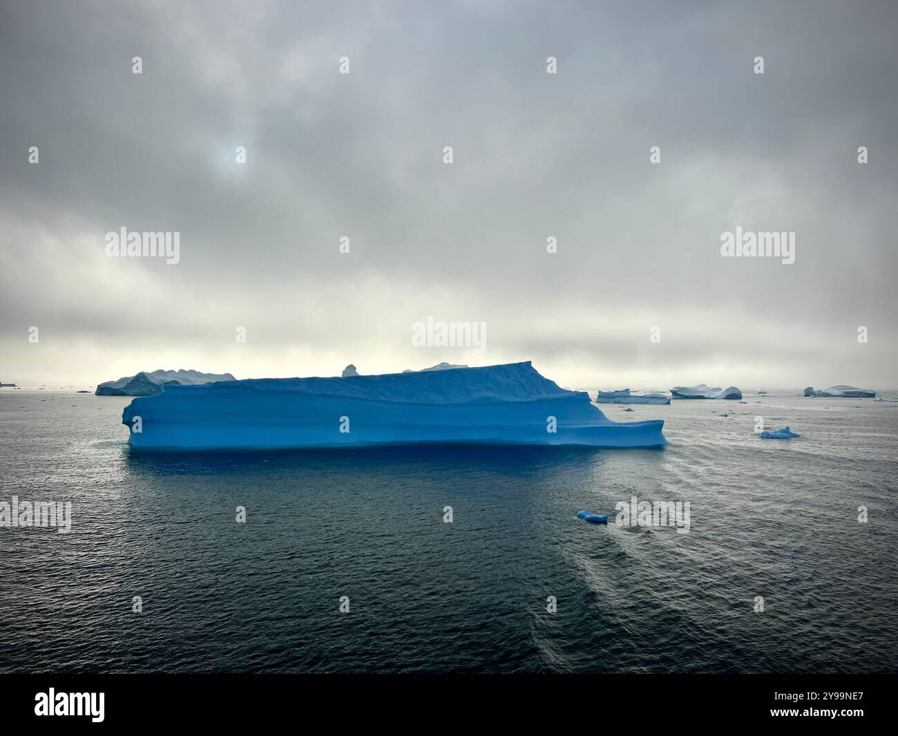 Dramatische Eisberge unter Moody Sky in abgelegenen antarktischen Gewässern Stockfoto