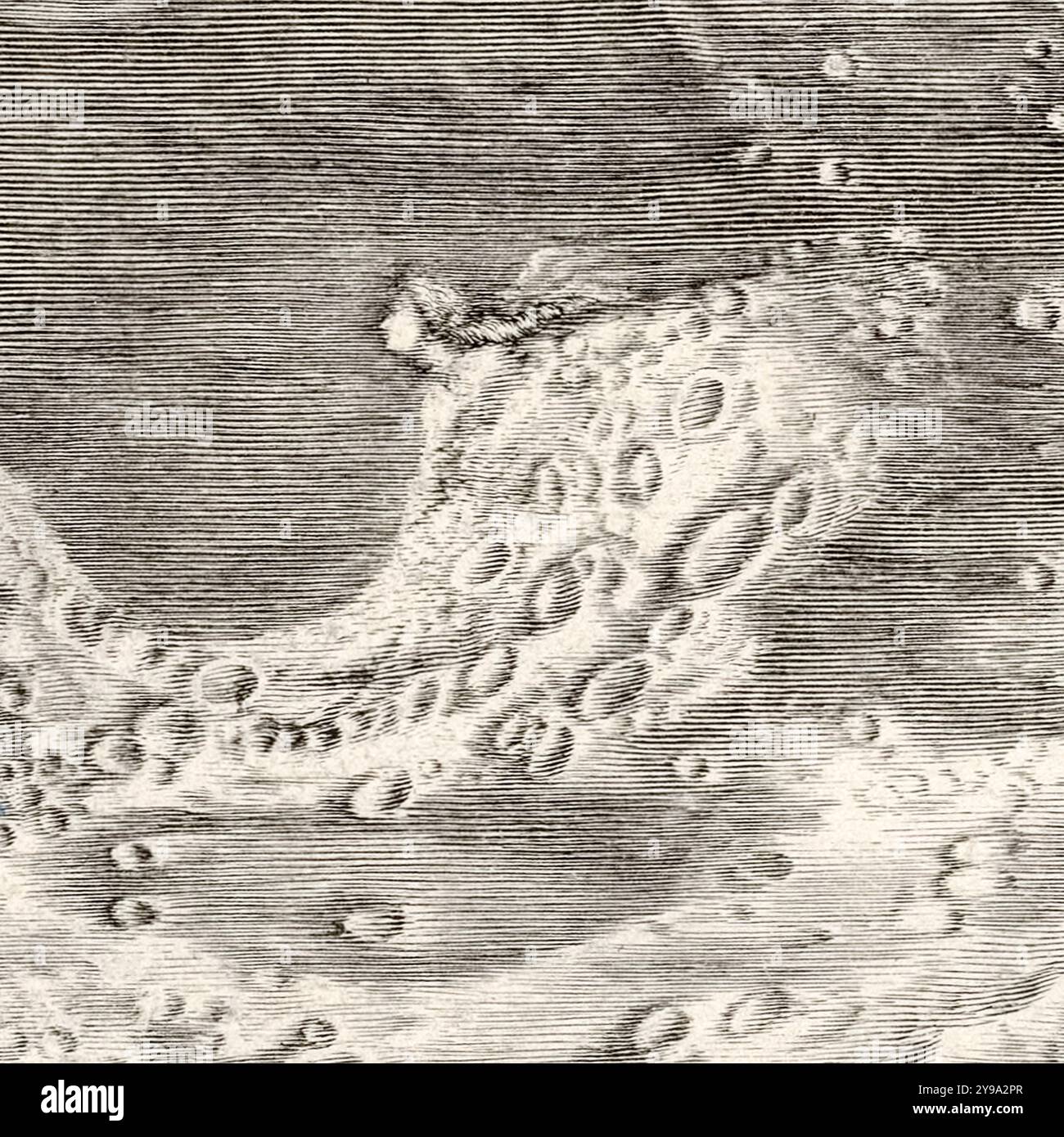 Mond Maiden (Detail) aus Carte de la Lune, die erste wissenschaftliche Karte des Mondes, die 1679 in Paris von Giovanni Domenico Cassini (1625–1712) veröffentlicht und von Claude Mellan (1598–1688) graviert wurde und eine skurrile Mondjungfrau zeigt, die in der Nähe von Kap Heraklides versteckt ist. Stockfoto