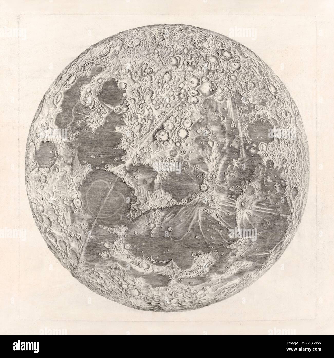 Carte de la Lune, die erste wissenschaftliche Karte des Mondes, die 1679 in Paris von Giovanni Domenico Cassini (1625–1712) aus Beobachtungen mit einem Teleskop veröffentlicht und von Claude Mellan (1598–1688) graviert wurde und komplizierte Details von Mondkratern und eine skurrile Mondjungfrau in der Nähe von Kap Heraklides zeigt. Stockfoto