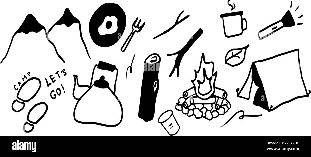 Reise, Urlaub und Camp Doodle Set | minimalistische Schwarz-weiß-Vektor-Illustration | Abenteuer-Themen-Designs, Planer, Scrapbooks oder Reise-Blogs Stock Vektor