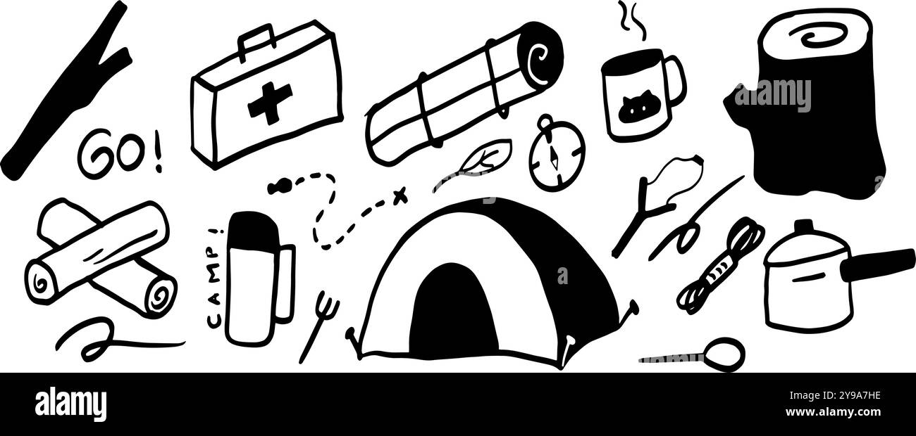 Reise, Urlaub und Camp Doodle Set | minimalistische Schwarz-weiß-Vektor-Illustration | Abenteuer-Themen-Designs, Planer, Scrapbooks oder Reise-Blogs Stock Vektor