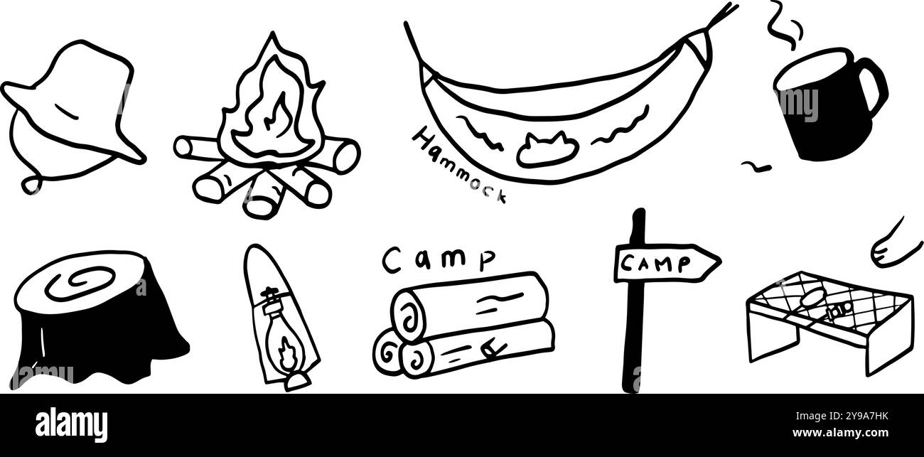 Reise, Urlaub und Camp Doodle Set | minimalistische Schwarz-weiß-Vektor-Illustration | Abenteuer-Themen-Designs, Planer, Scrapbooks oder Reise-Blogs Stock Vektor