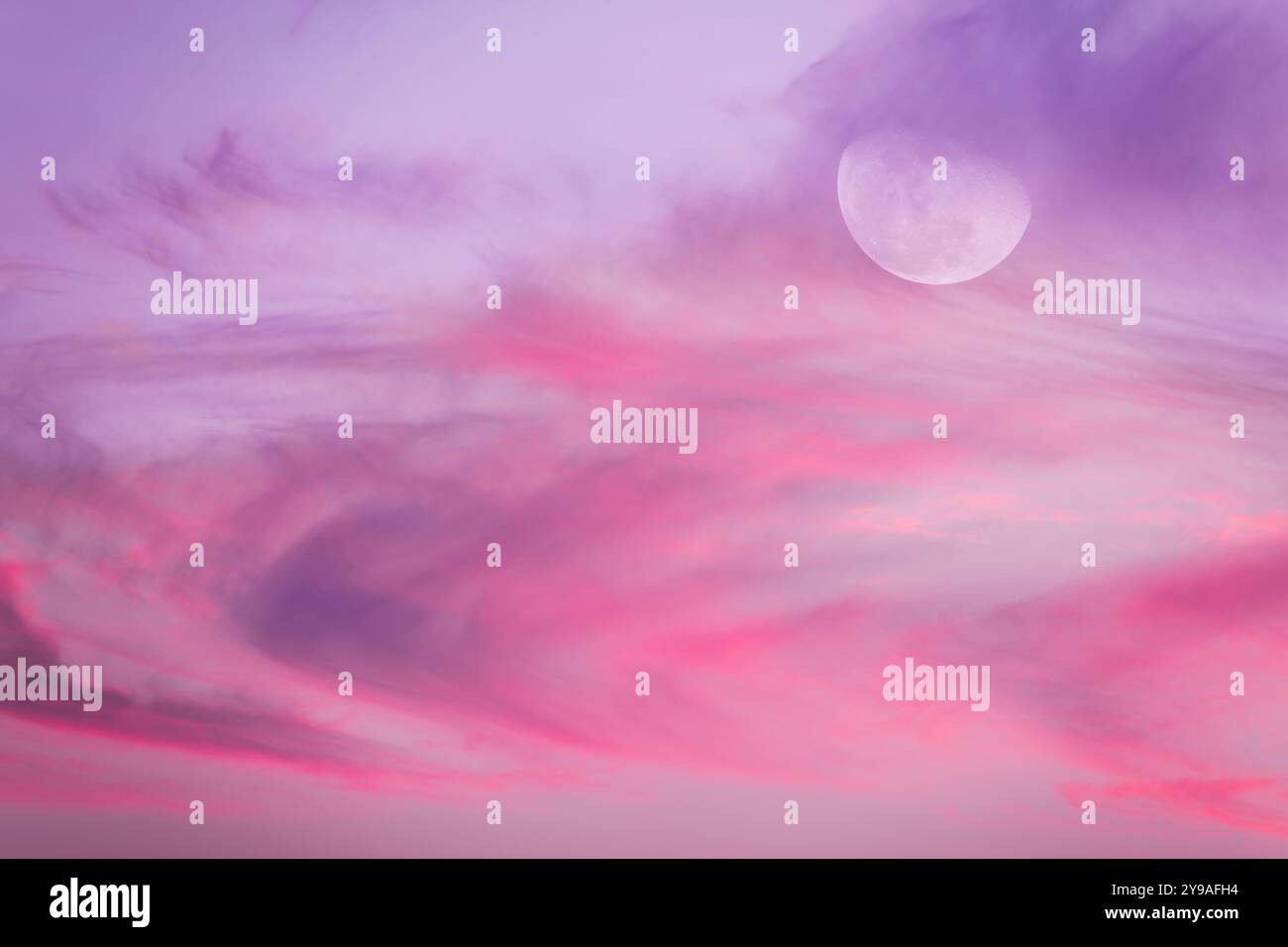 Ein Vollmond erhebt sich zwischen den violetten Wolken, die in Pastelltönen gesetzt sind Stockfoto