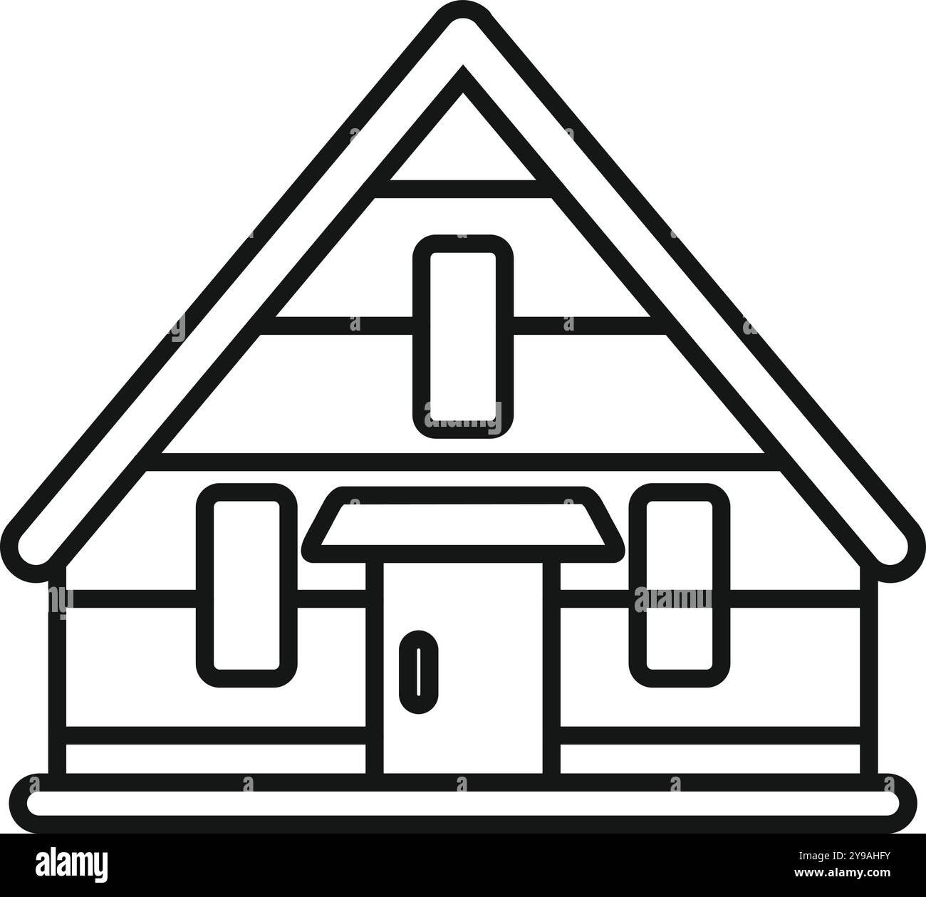 Einfache schwarz-weiße Ikone eines hölzernen Chalets mit einer Veranda und drei Fenstern, die an Urlaube in den Bergen erinnern Stock Vektor