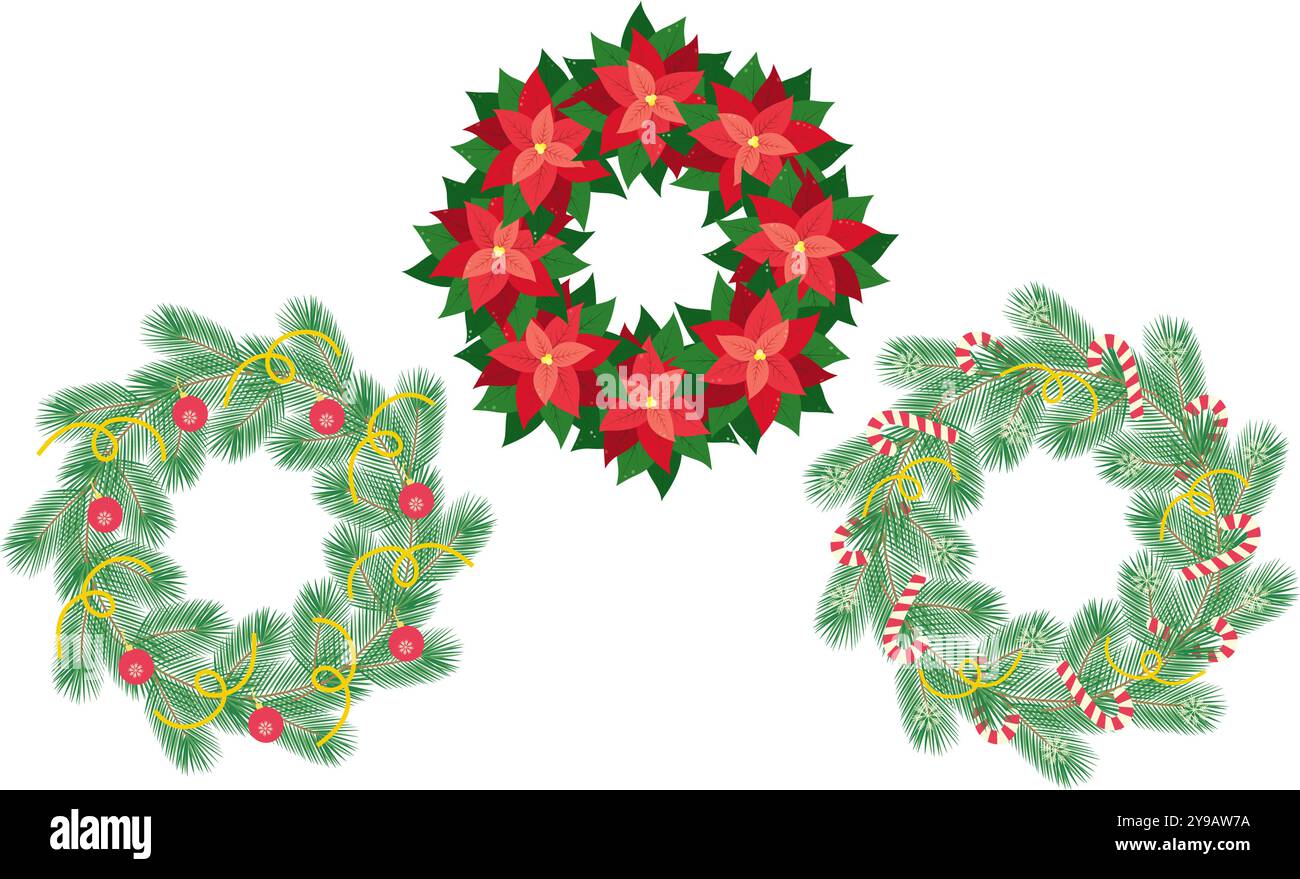 Immergrüne Zweige mit verziertem Weihnachtsstern und Weihnachtsstern in trendigen Weihnachtsfarben. Satz mit 3 Rahmen. Kopierbereich. Abbildung des isolierten Vektors Stock Vektor