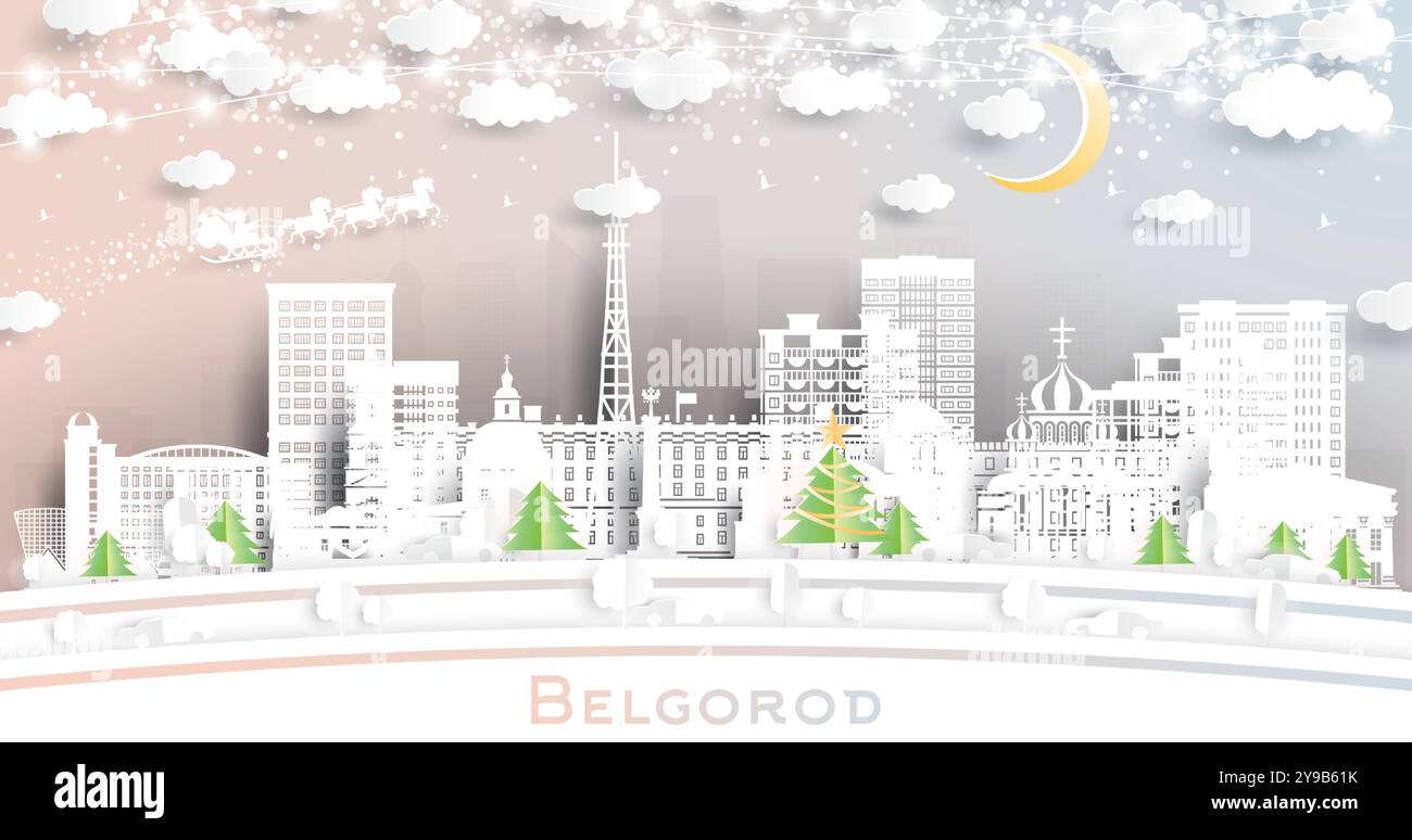 Belgorod Russland. Winter City Skyline im Papierschnitt mit Schneeflocken, Mond- und Neongirlanden. Weihnachts- und Neujahrskonzept. Weihnachtsmann auf Schlitten. Stock Vektor