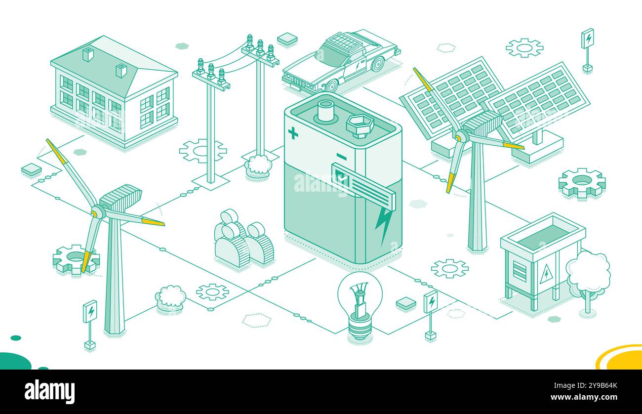 Konzept für saubere Energie. Isometrische 9 V 9 Volt Batterie, Solarpaneele und Windturbinen isoliert auf weißem Hintergrund. Vektorabbildung. Umrissstil. Stock Vektor