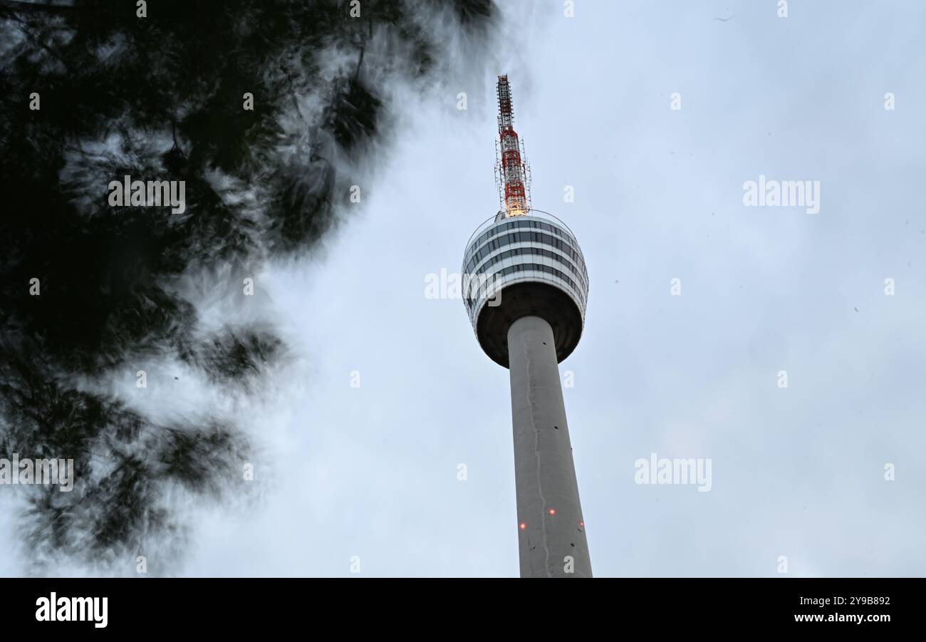 Stuttgart, Deutschland. Oktober 2024. Windböen führen dazu, dass sich die Äste und Blätter eines Baumes vor dem Fernsehturm bewegen (Wischeffekt durch lange Belichtung). Der Deutsche Wetterdienst (DWD) erwartet am Donnerstag in Stuttgart starke Sturmböen und warnt vor Sturmwinden im Schwarzwald. Quelle: Bernd Weißbrod/dpa/Alamy Live News Stockfoto