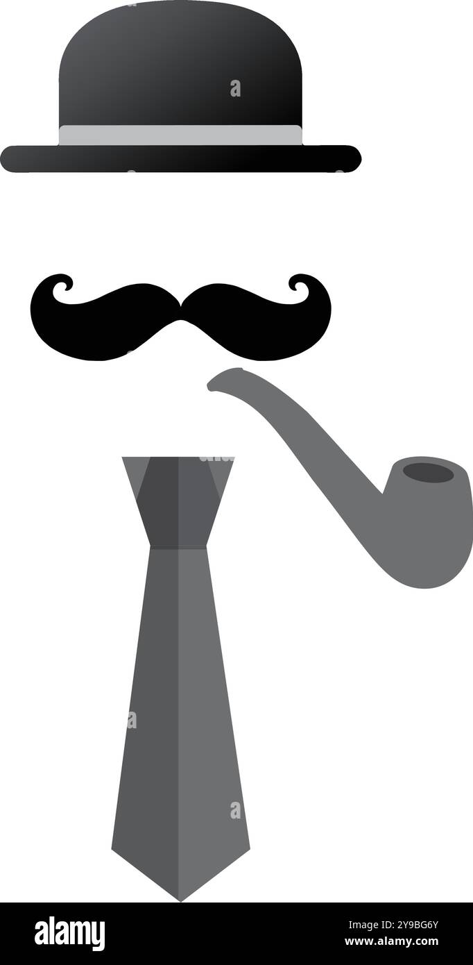 Silhouette von Hut, Schnurrbart, Pfeife und Krawatte auf weißem Hintergrund Stock Vektor